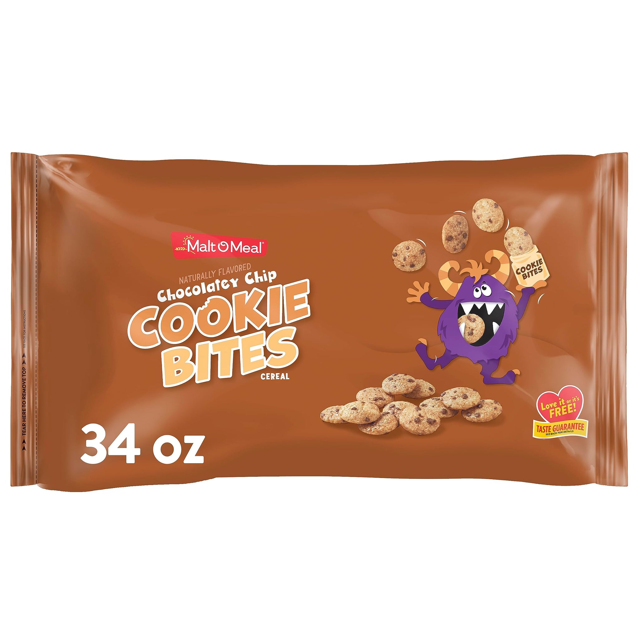 Malt-O-Meal Chocolatey Chip Cookie Bites Breakfast Cereal, Cookie Flavored Cereal, Large Cereal for Family, 34 OZ Resealable Cereal Bag