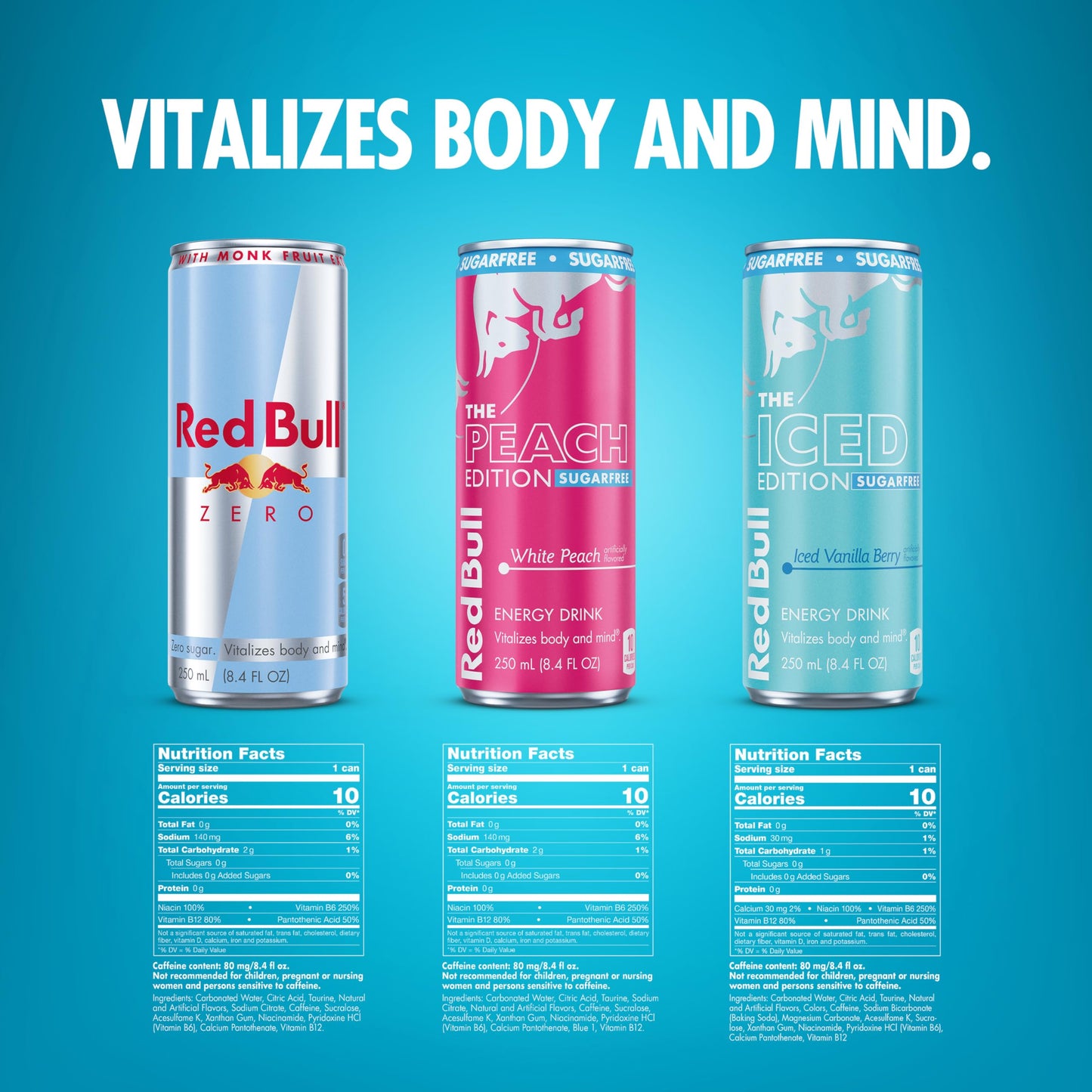 Red Bull Energy Drink SugarFree Variety Pack, Zero, Peach, Iced Vanilla Berry, with 80mg Caffeine, Taurine & B Vitamins, 8.4 fl. oz, Pack of 12 Can