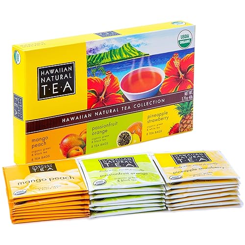 Hawaiian Natural Organic Tropical Fruit Tea Sampler - Green, Black, White Tropical Fruit Tea Blends, Gift Box Set For Special Occasions - 24 Bags
