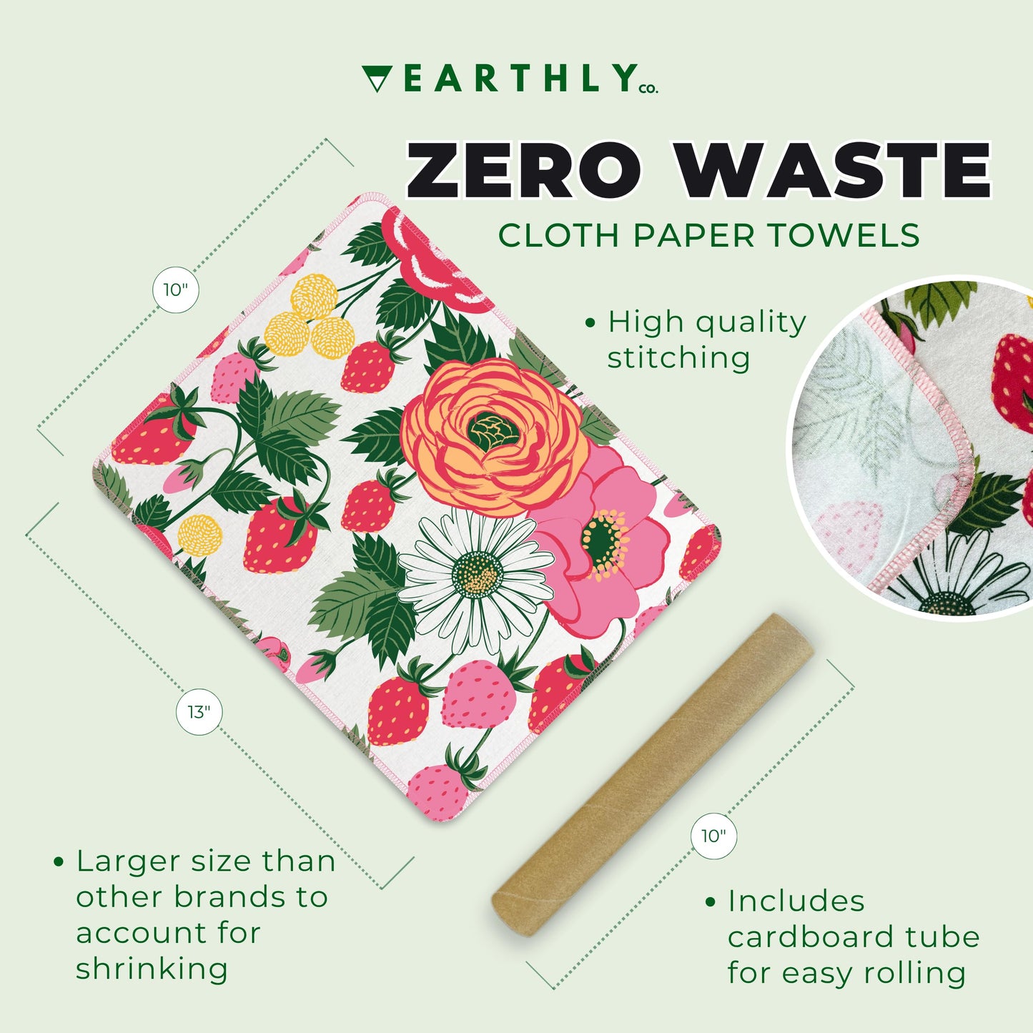 Earthly Co. Reusable Paper Towels - 10 Pack - Roll of Washable Cotton Cloth Paper Towels - Paperless Reusable Napkins Cloth Washable - Absorbent +