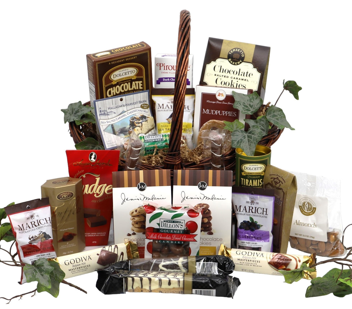 Gift Basket Village: Chocolate Gift Basket with Cookies, Biscotti, Pretzels, Nuts, Fudge, Chocolates & More - Gourmet Candy Gift Set for Women, Men