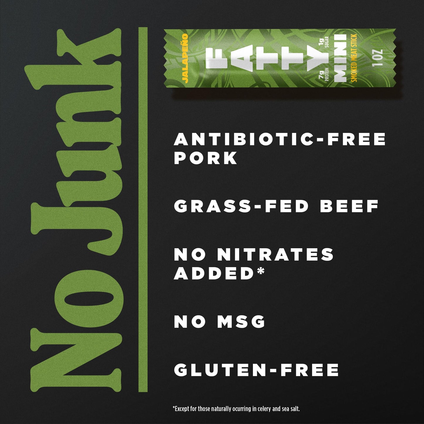 FATTY Mini Meat Sticks, Made with Grass Fed Beef, Pork Raised Without Antibiotics, 7g Protein Per Stick, Jalapeno Minis, 1 oz. Snack Size (Pack of 10)