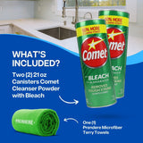 PRENDERE Bathroom Cleaner With Bleach Kit: Two-21 Oz Comet Cleanser With Bleach Plus Microfiber Cleaning Towel - Powerful, Eco-Friendly Comet Powder