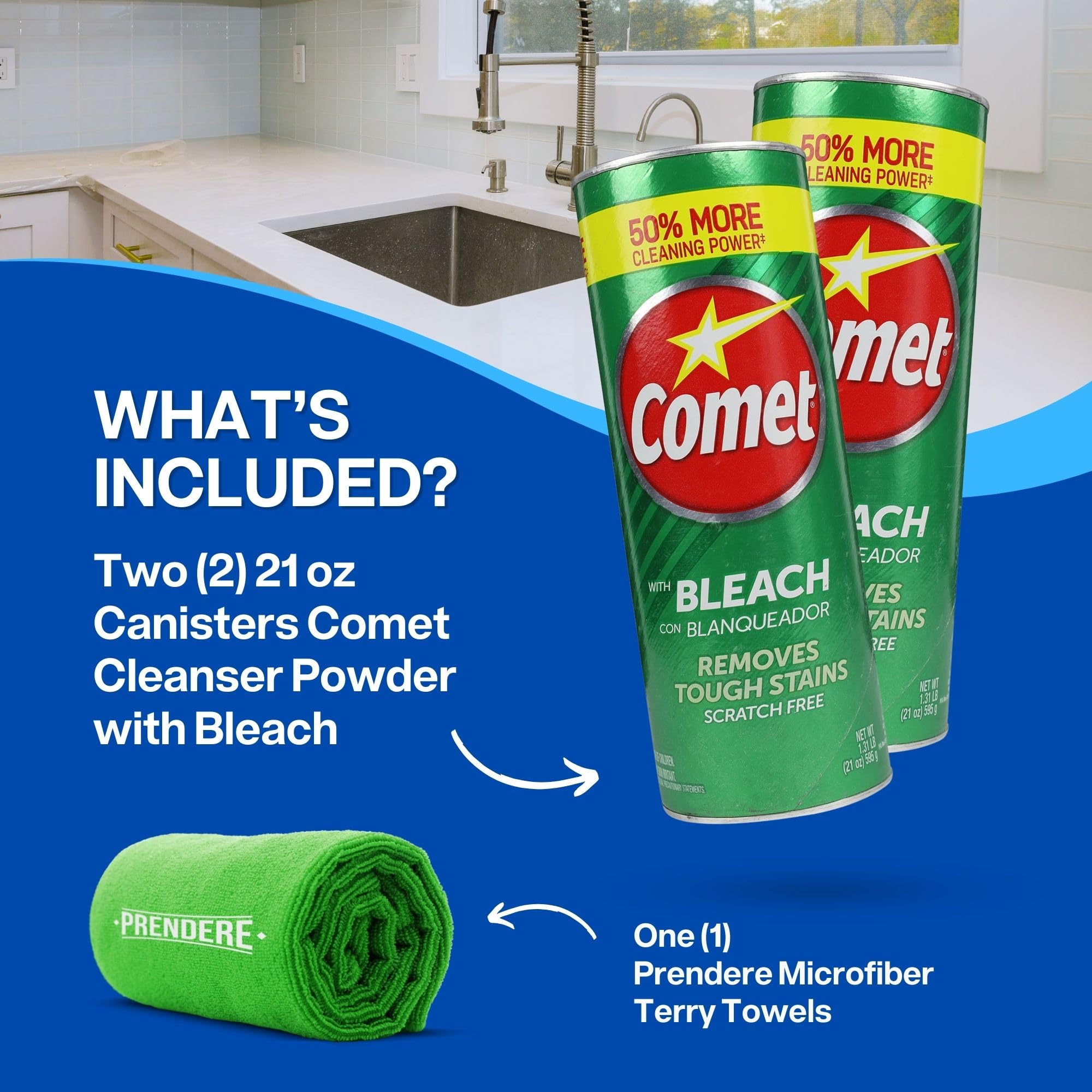 PRENDERE Bathroom Cleaner With Bleach Kit: Two-21 Oz Comet Cleanser With Bleach Plus Microfiber Cleaning Towel - Powerful, Eco-Friendly Comet Powder