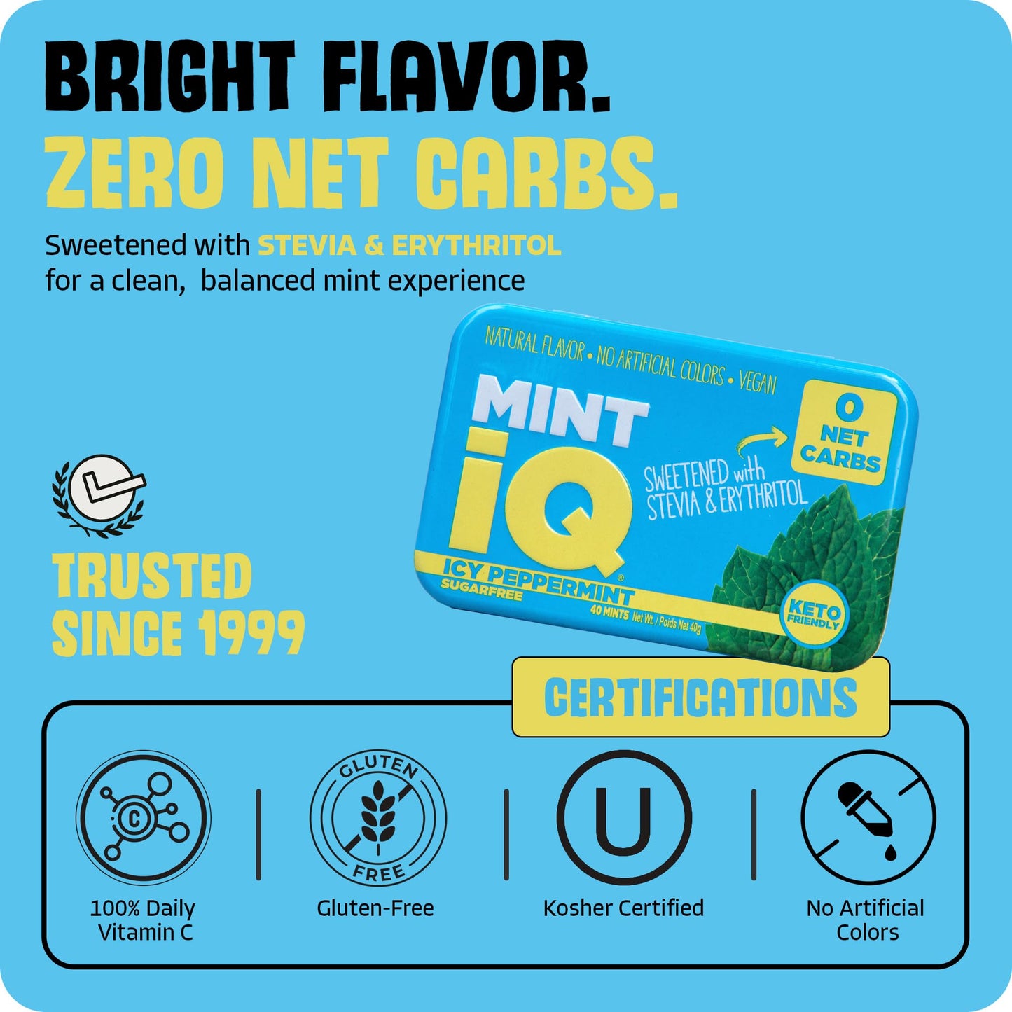 Big Sky MINT iQ Icy Peppermint Mint Candy 40 grams Pack of 6 Tins in Display Tray - Travel Size Mint Candies Tin - Keto Friendly, Vegan & Natural