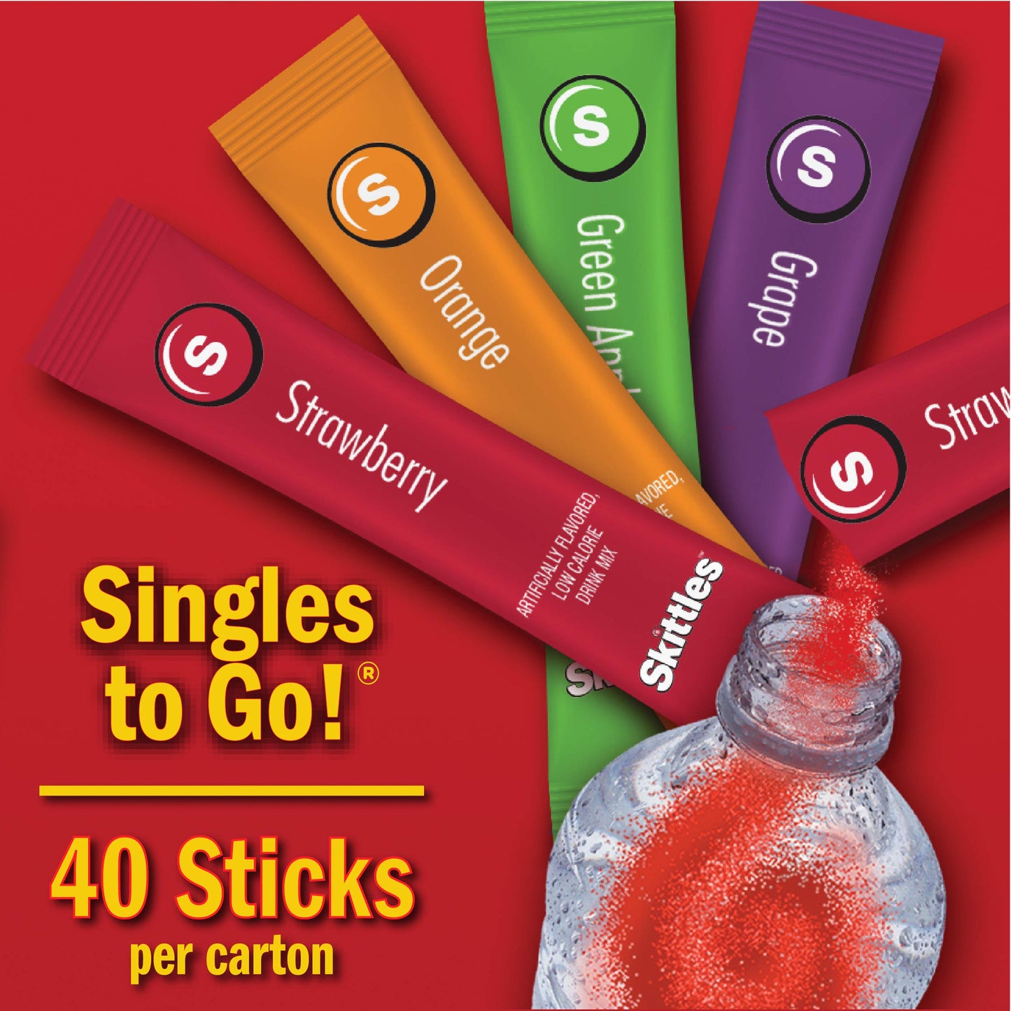Skittles Zero Sugar Low Calorie Singles To Go Bulk Variety Pack Drink Mix - 2 Boxes of 40 Sticks Each - 80 Total Sticks - 4 Fruity Flavors