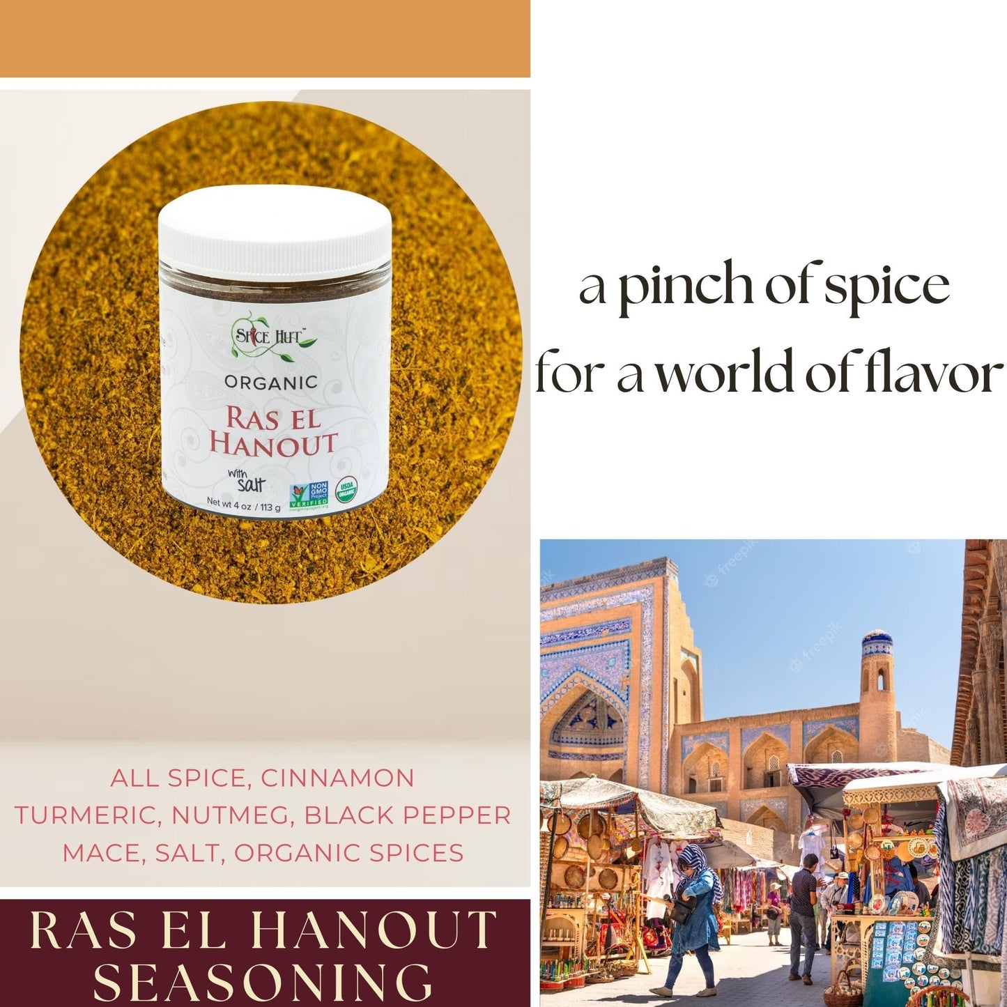 The Spice Hut Organic Ras el Hanout Seasoning, Authentic North African Spice Blend, with Salt 4 Ounce
