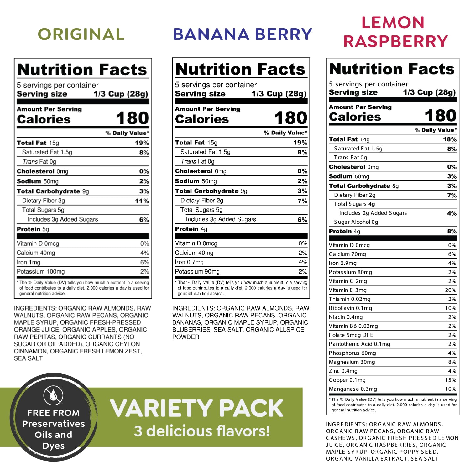 Witzi's Grain Free Granola, Variety Pack, 5oz (Pack of 3), Original, Banana Berry, Lemon Raspberry, Made with Almonds, Walnuts & Pecans, Vegan, Keto