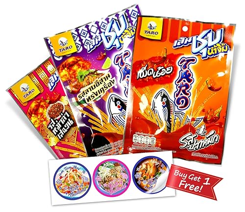 Thai Snacks Challenge TARO Fish Snack Sauce Coated Spicy Cuttlefish Flavoured (Thai Flavour Mix 3Pcs, Large)