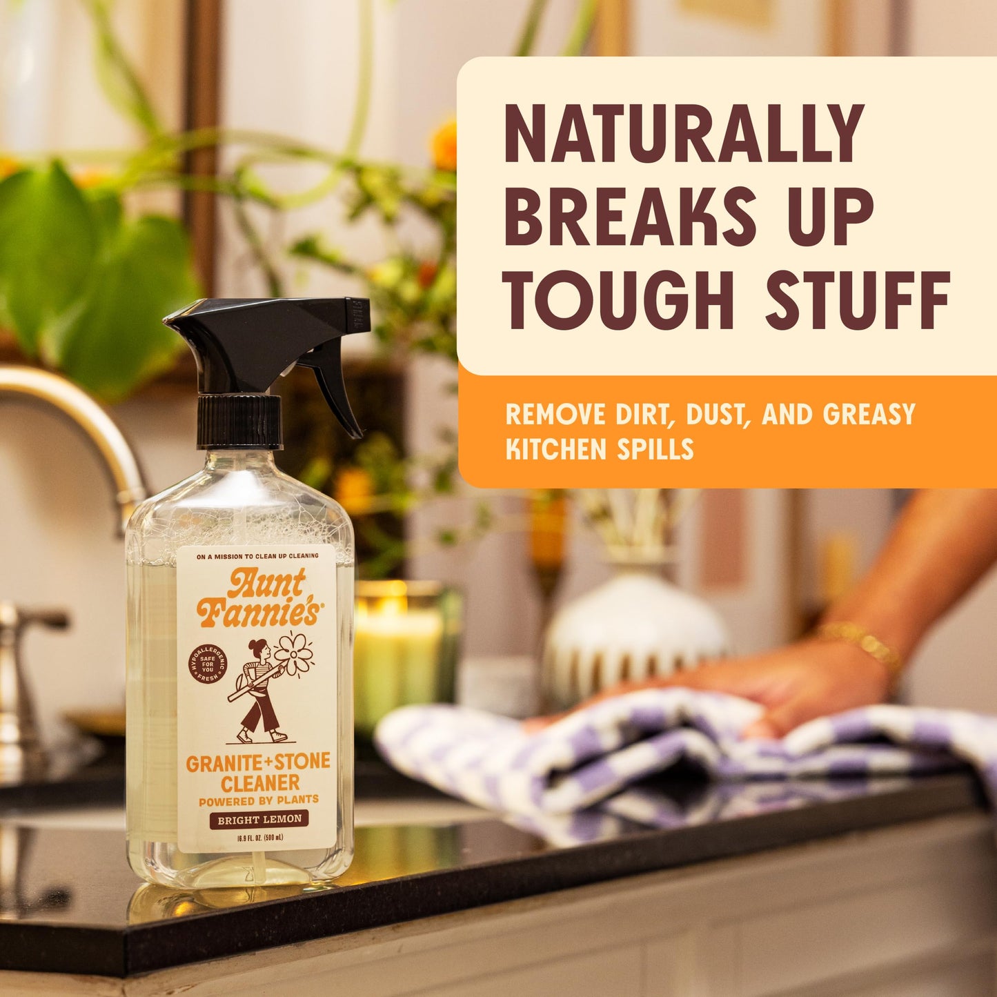 Aunt Fannie's Granite and Stone Cleaner, Plant Based Daily Countertop Spray for Granite, Stone, Marble, Soapstone, Quartz, Slate, Laminate, and other