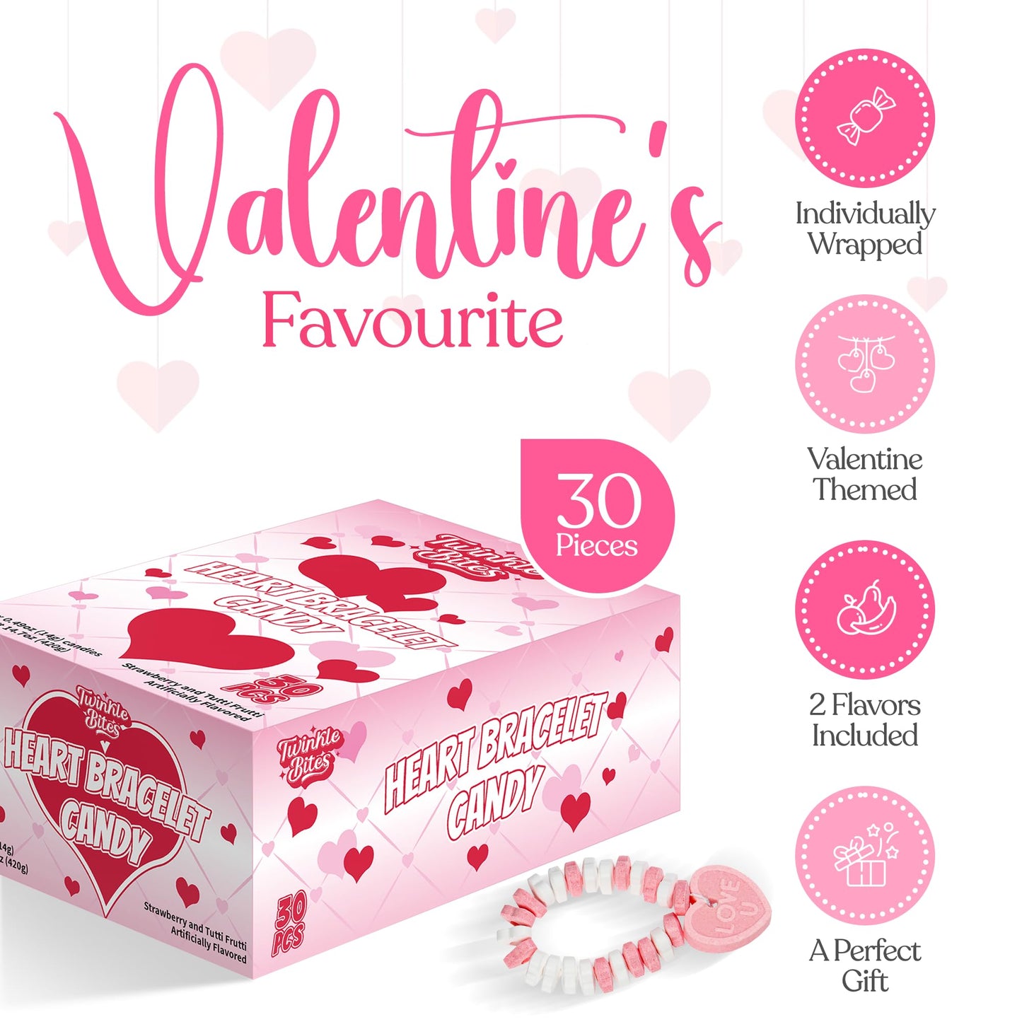 30 Pack Valentines Day Bracelet Candy - Individually Wrapped Holiday Themed Love Heart Candies - Strawberry, Tutti Frutti Delicious Flavors - Bulk