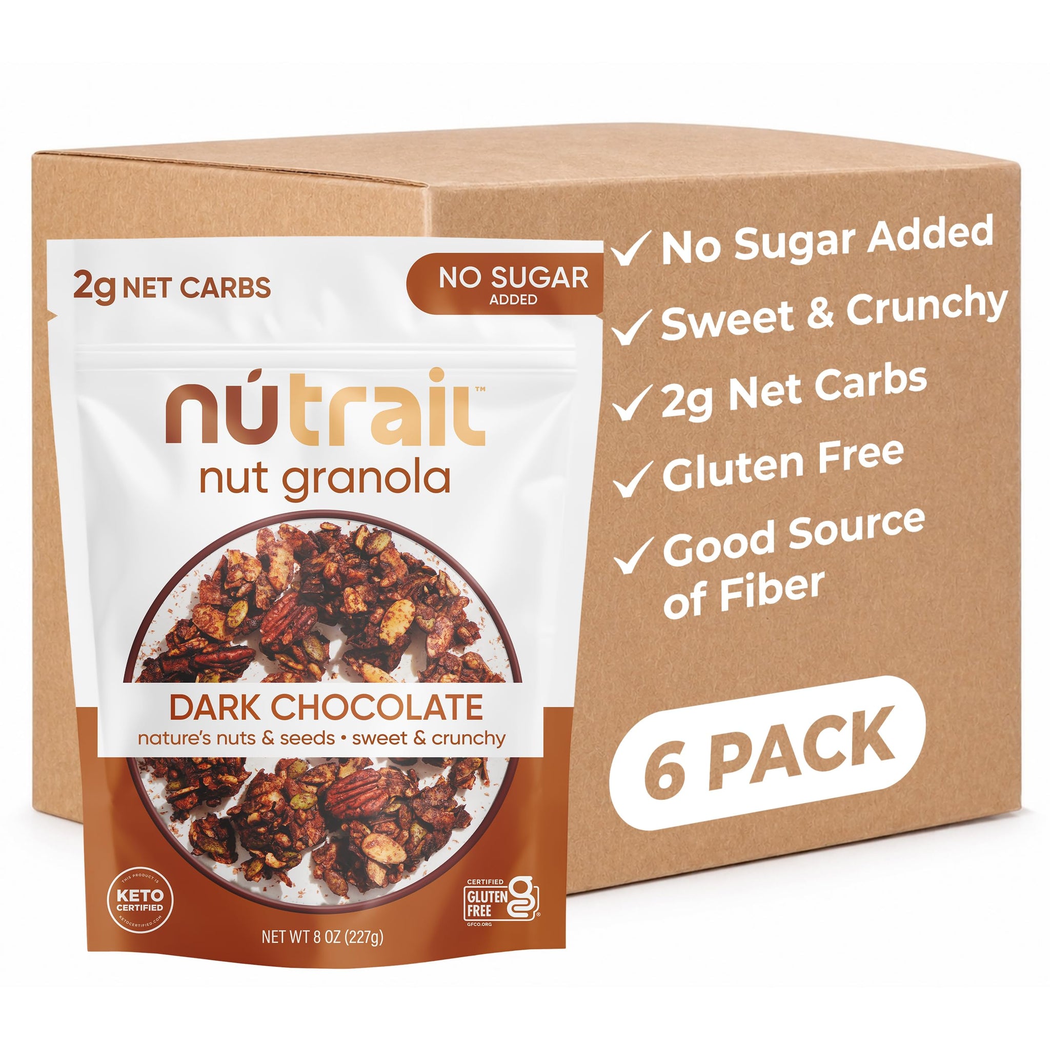 NuTrail Nut Granola, Dark Chocolate, No Sugar Added, Gluten Free, Grain Free, Keto, Low Carb, Healthy Breakfast Cereal 8 oz. 6 Count