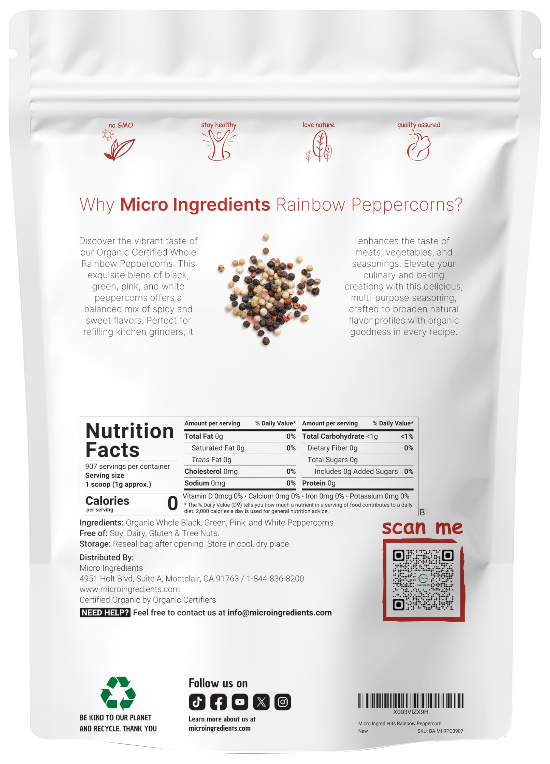 Micro Ingredients Organic Whole Rainbow Peppercorns, 2lbs | Premium Whole Peppercorns for Grinder Refill | Great for Seasonings, Meats & Vegetables |