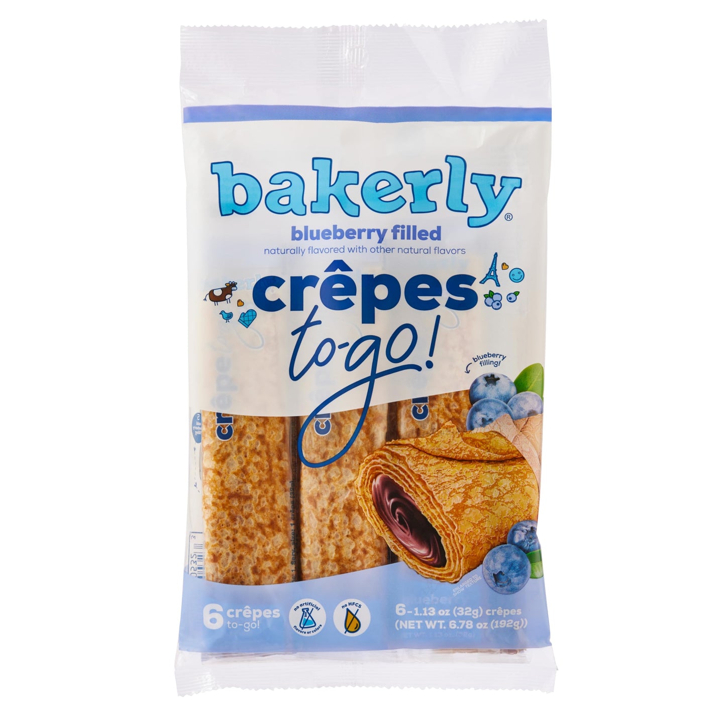 bakerly Blueberry Filled Crepes to go! Non GMO, Free from Artificial Flavors & Colors, Pack of 4, 6-Count (24 Total Crepes)