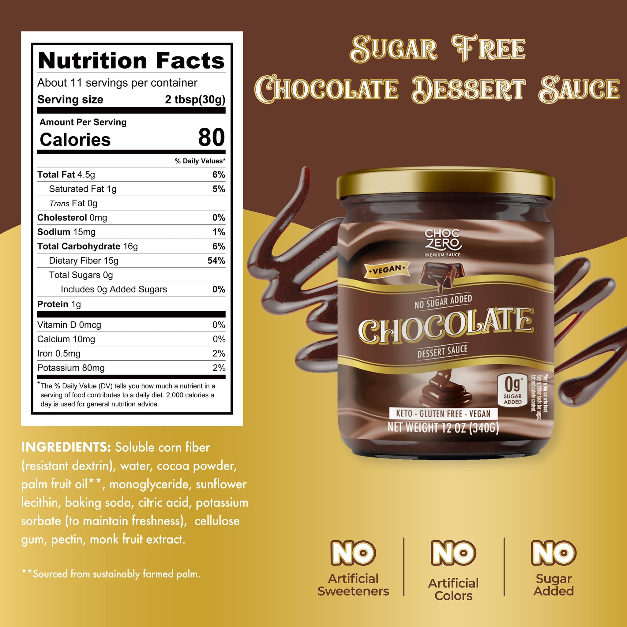 ChocZero Keto Chocolate Sauce, Sugar Free Hot Fudge, No Artifical Sweeteners, Low Carb Dessert & Ice Cream Topping, Gluten Free, 12 oz Jar