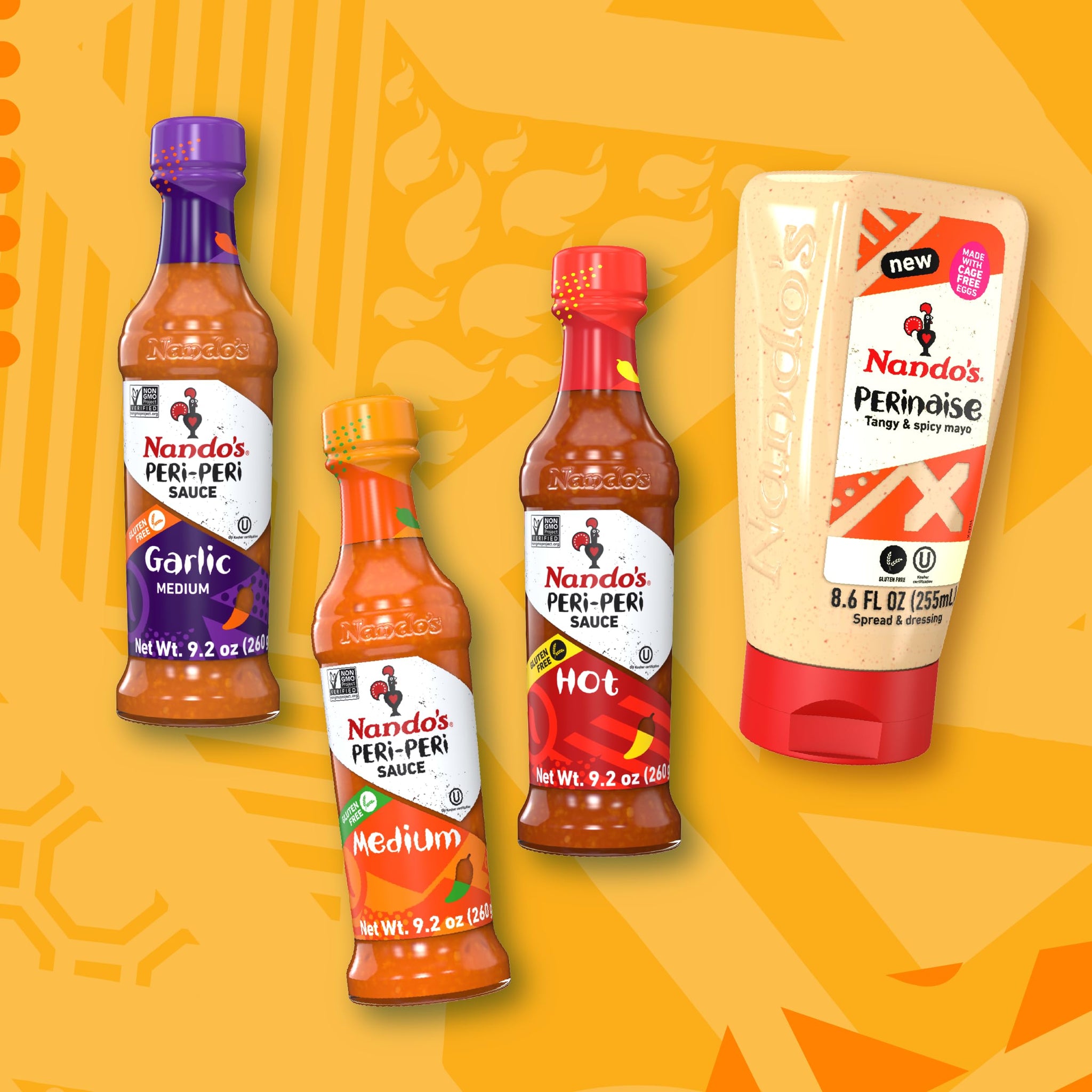 Nando's PERi-PERi Sauce Mixed Pack - Medium, Hot, Garlic, and PERinaise Original | Gluten Free | Non GMO, 9.1 oz and 8.6 oz (4 Pack)