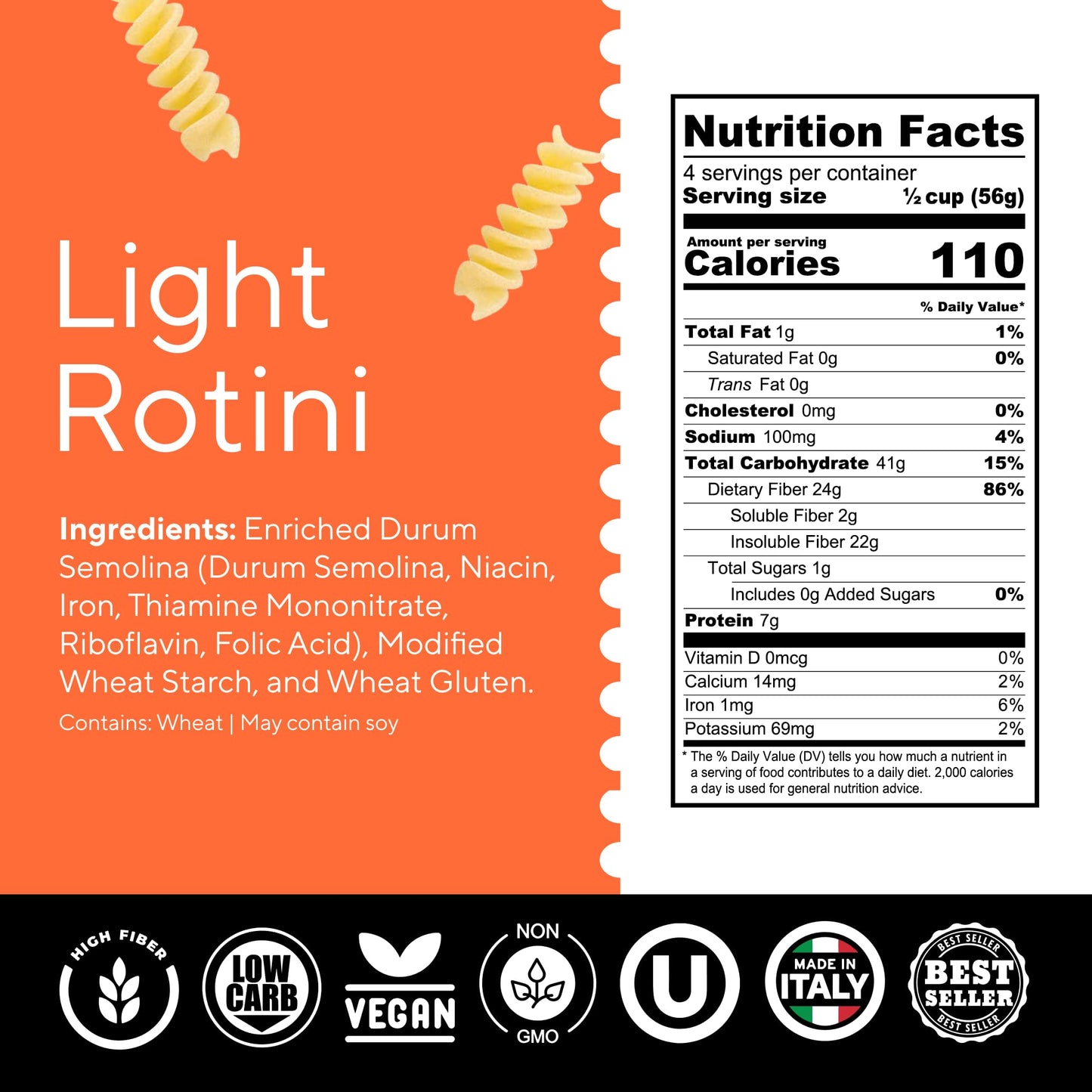 Fiber Gourmet Light Rotini Keto Pasta - Low Net Carb Pasta with High Fiber, 56% Fewer Net Carbs, 110 Calories, Non-GMO Italian Made, Kosher Certified