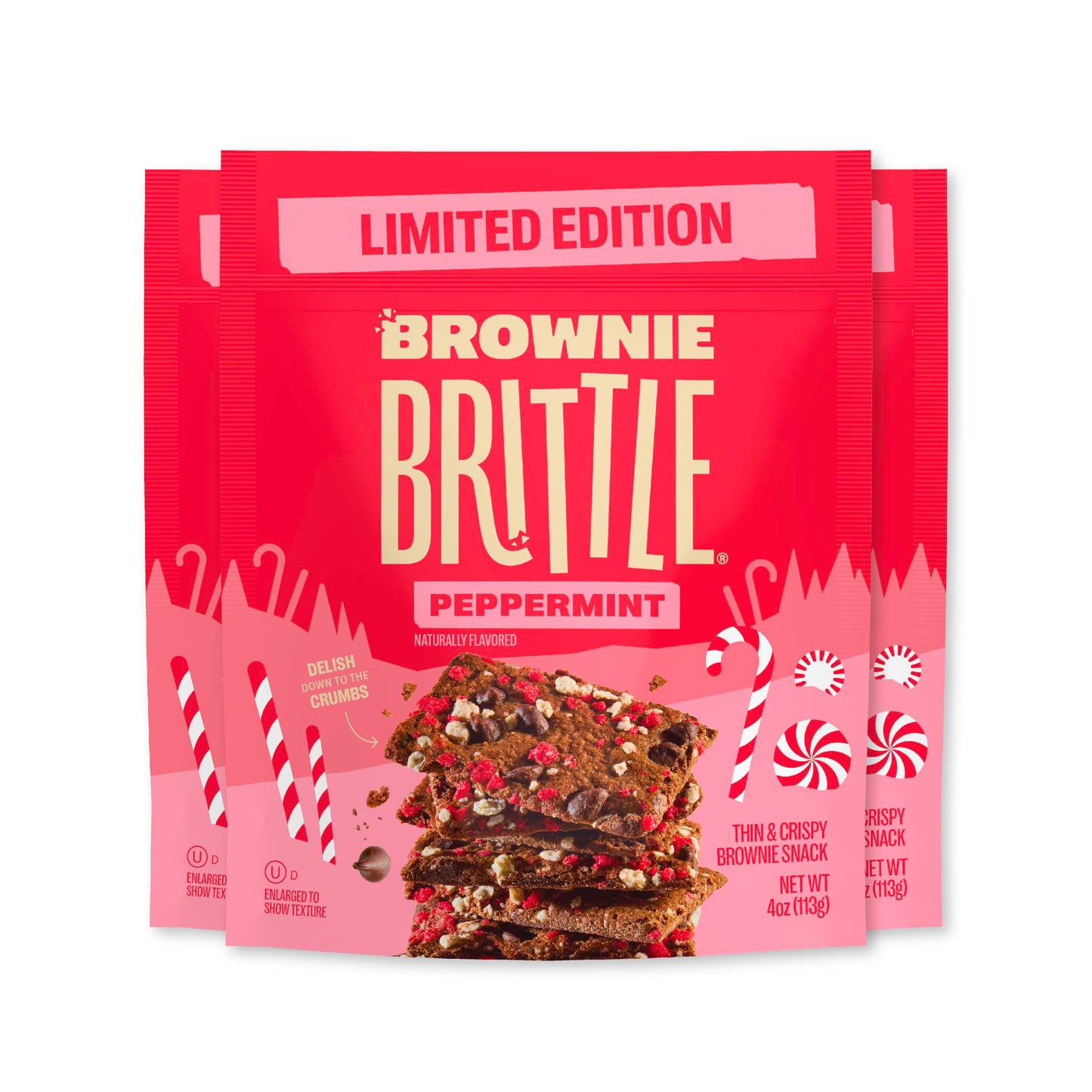 Brownie Brittle - Chocolate Chip Peppermint Thin and Crispy Sweet Snacks (Pack of 3, 4 oz), Rich Gourmet Brownie Bites Dessert