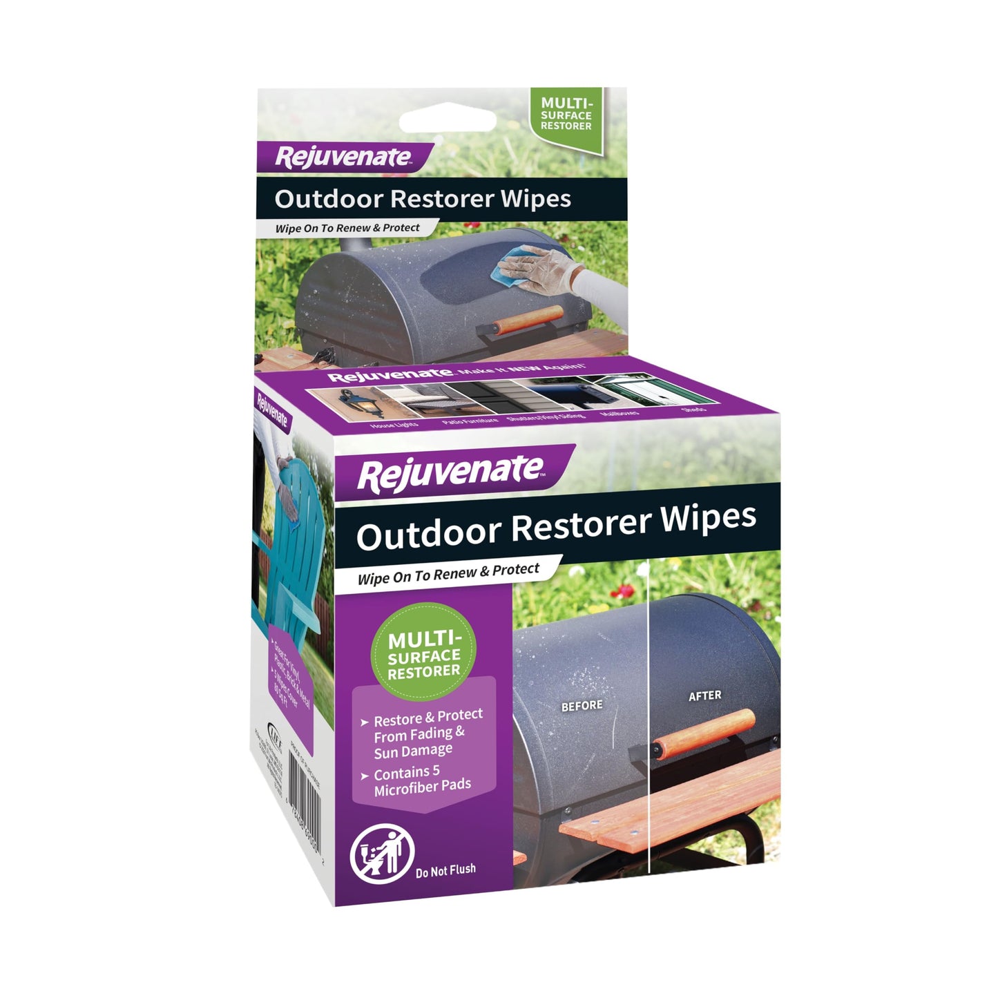 Rejuvenate Outdoor Restorer Wipes, 5 Count, Individually-Wrapped Pre- Saturated Microfiber Wipes Restore Faded and Weathered Surfaces Such As Patio