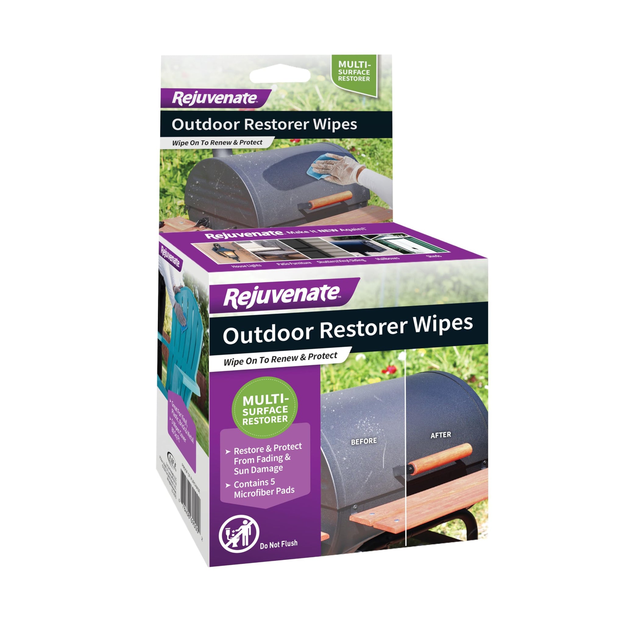 Rejuvenate Outdoor Restorer Wipes, 5 Count, Individually-Wrapped Pre- Saturated Microfiber Wipes Restore Faded and Weathered Surfaces Such As Patio