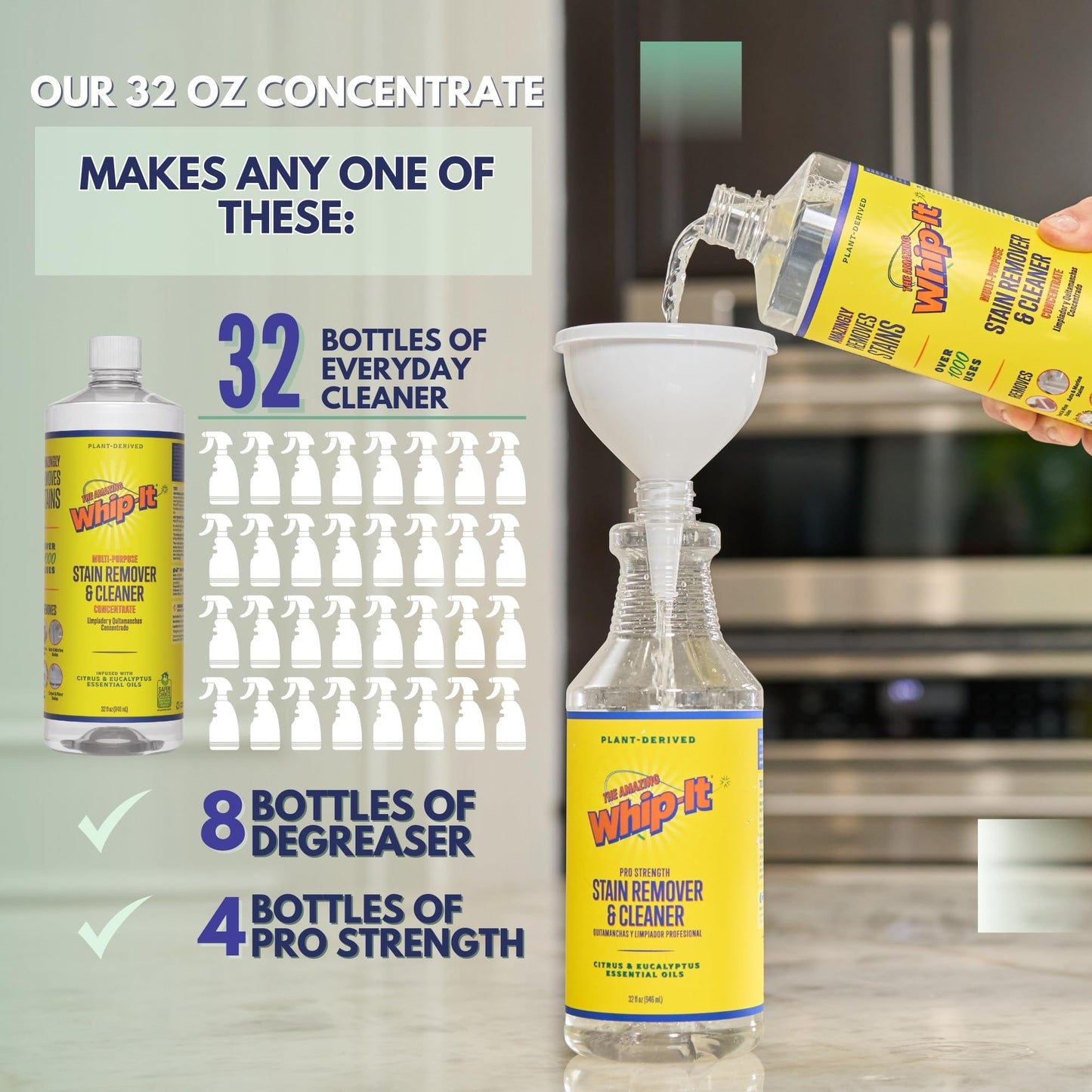 Whip It Cleaner, Multi Purpose Stain Remover CONCENTRATE, Makes 32 Bottles, Plant Based Enzyme Cleaner, Cleaning Food, Grease, Coffee, Wine, Baby