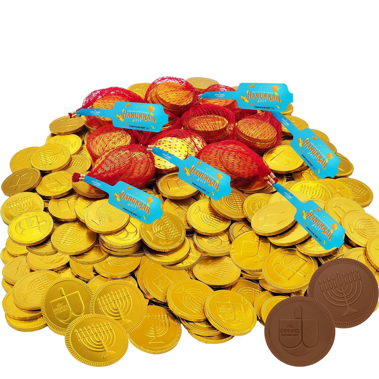 The Dreidel Company Hanukkah Chocolate Gelt, 24-Mesh Bags of Milk Chocolate Coins, Kosher Certified OU-D Dairy Dreidel and Menorah Design Chanukah