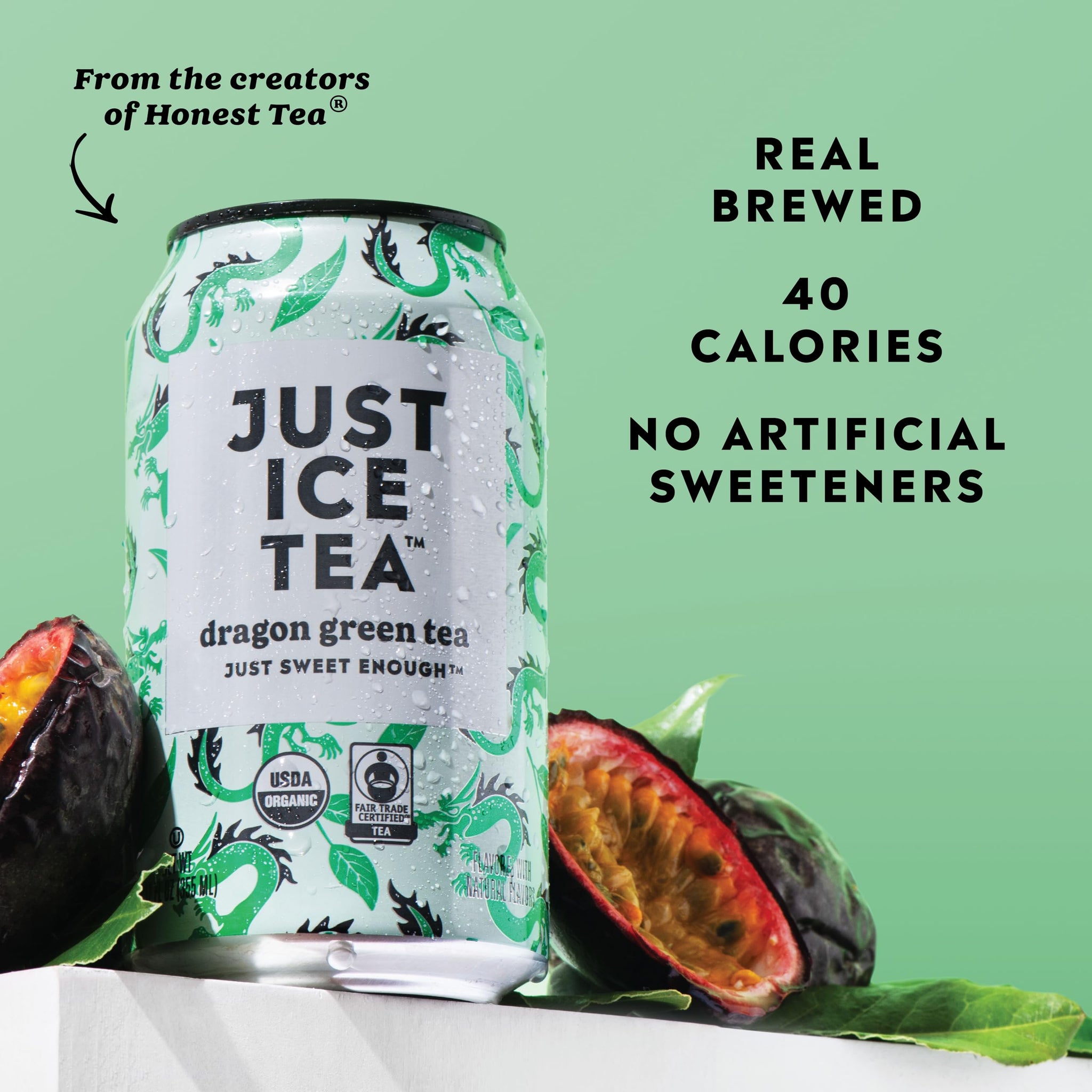 Just Ice Tea, Dragon Green Iced Tea, 4-Pack (12oz Cans), Green Tea, USDA Certified Organic, Real Brewed, Low Calorie, No Artificial Sweeteners, Fair