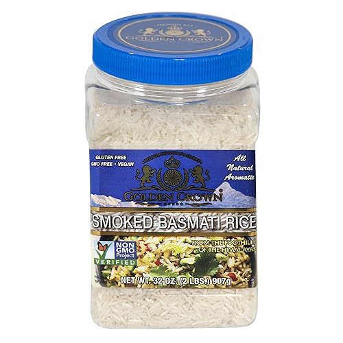 Golden Crown Smoked Basmati Rice - 32 oz (2LB) | Premium Quality Gluten-Free & Vegan | Non-GMO Smoked Kitchen Rice | Aromatic Long-Grain Tasty & Delicious | Fluffy Texture & Flavorful Great Taste