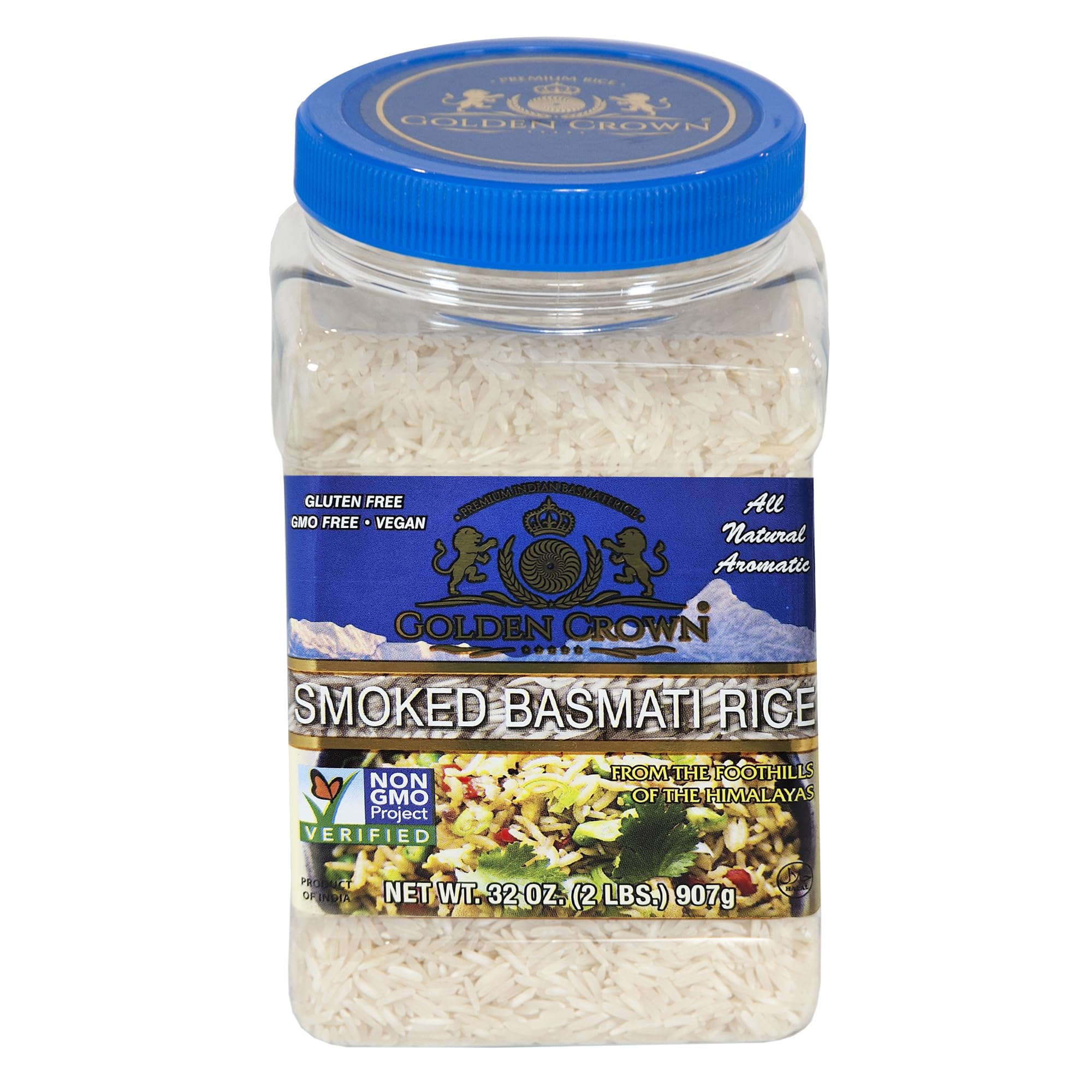 Golden Crown Smoked Basmati Rice - 32 oz (2LB) | Premium Quality Gluten-Free & Vegan | Non-GMO Smoked Kitchen Rice | Aromatic Long-Grain Tasty & Delicious | Fluffy Texture & Flavorful Great Taste