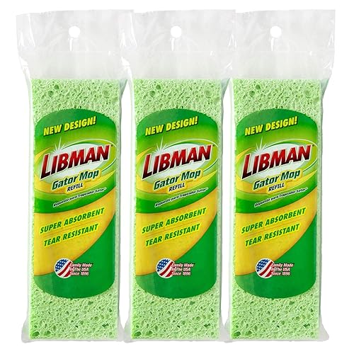 Libman 1487 Gator Mop Refill Pack - Extra-Absorbent, Cellulose Coated Sponge Replacement Heads for The Standrd 9 Inch Libman Gator Mop, 3-Pack