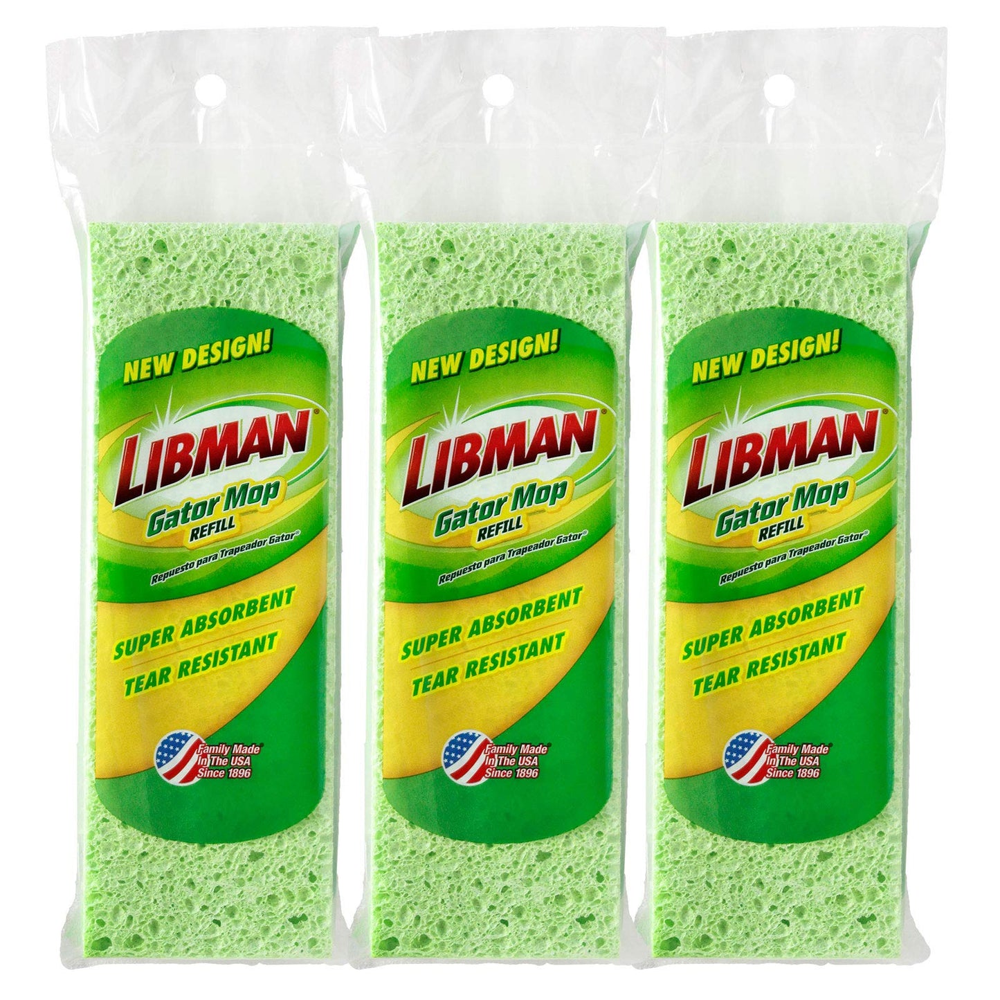 Libman 1487 Gator Mop Refill Pack - Extra-Absorbent, Cellulose Coated Sponge Replacement Heads for The Standrd 9 Inch Libman Gator Mop, 3-Pack