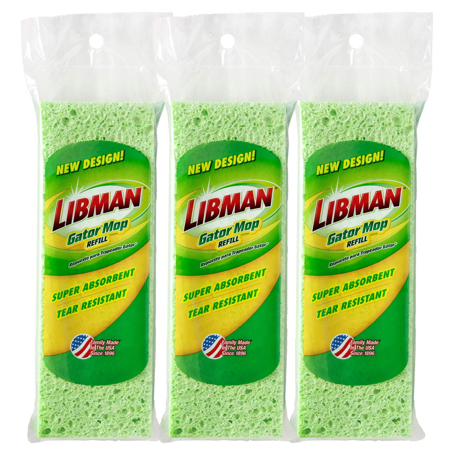 Libman 1487 Gator Mop Refill Pack - Extra-Absorbent, Cellulose Coated Sponge Replacement Heads for The Standrd 9 Inch Libman Gator Mop, 3-Pack