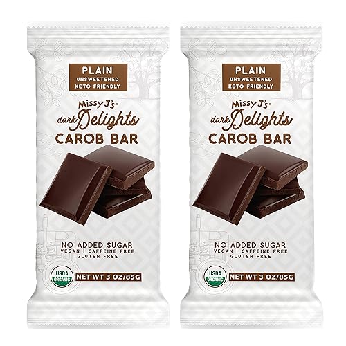 Missy J's Organic Carob Dark Delights Unsweetened Plain Candy Bar 3 Oz 2 Pack | Vegan, Gluten and Caffeine Free, Healthy Substitute for Chocolate