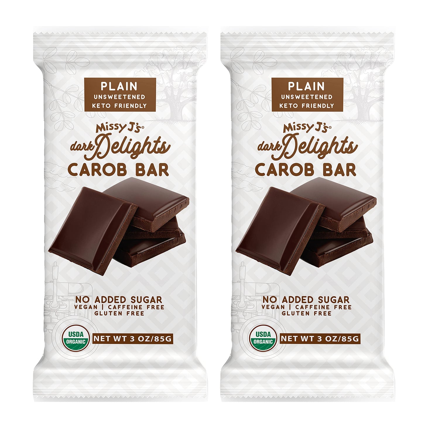 Missy J's Organic Carob Dark Delights Unsweetened Plain Candy Bar 3 Oz 2 Pack | Vegan, Gluten and Caffeine Free, Healthy Substitute for Chocolate