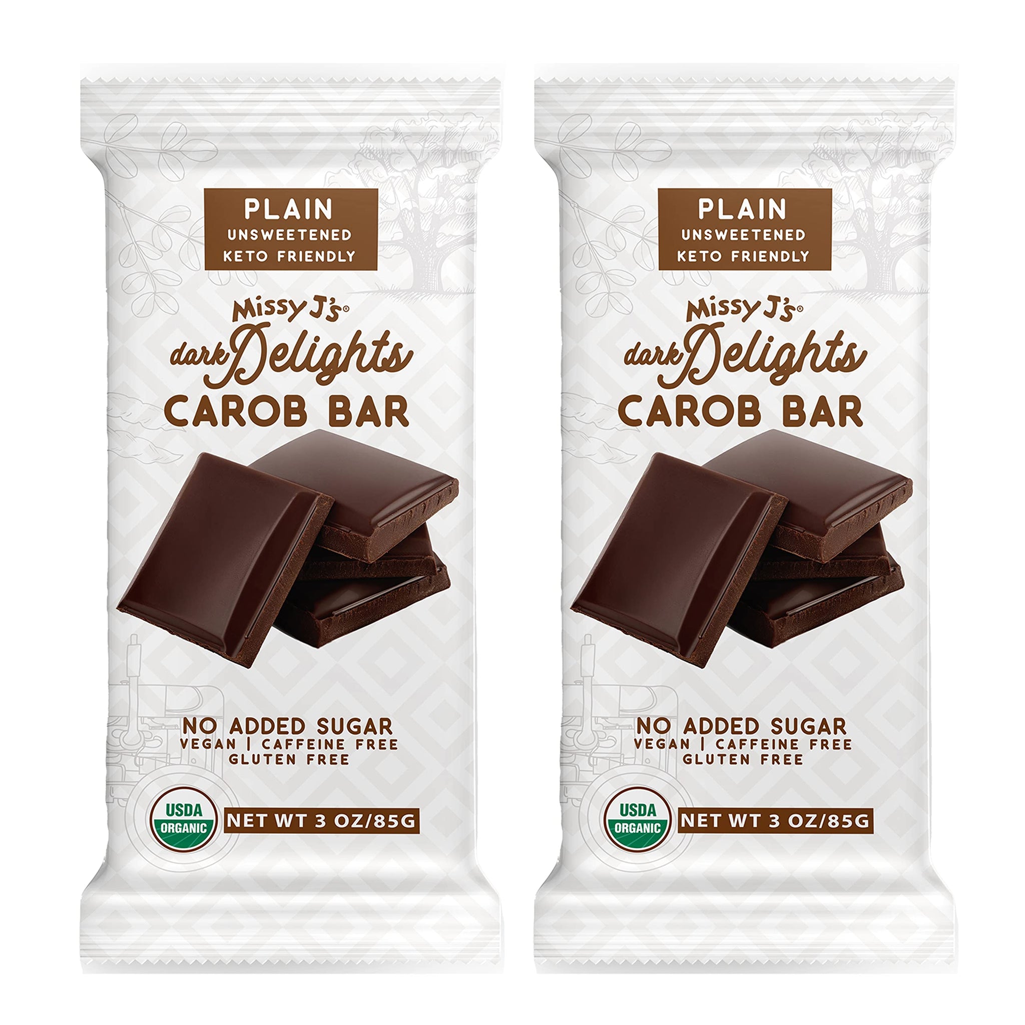 Missy J's Organic Carob Dark Delights Unsweetened Plain Candy Bar 3 Oz 2 Pack | Vegan, Gluten and Caffeine Free, Healthy Substitute for Chocolate