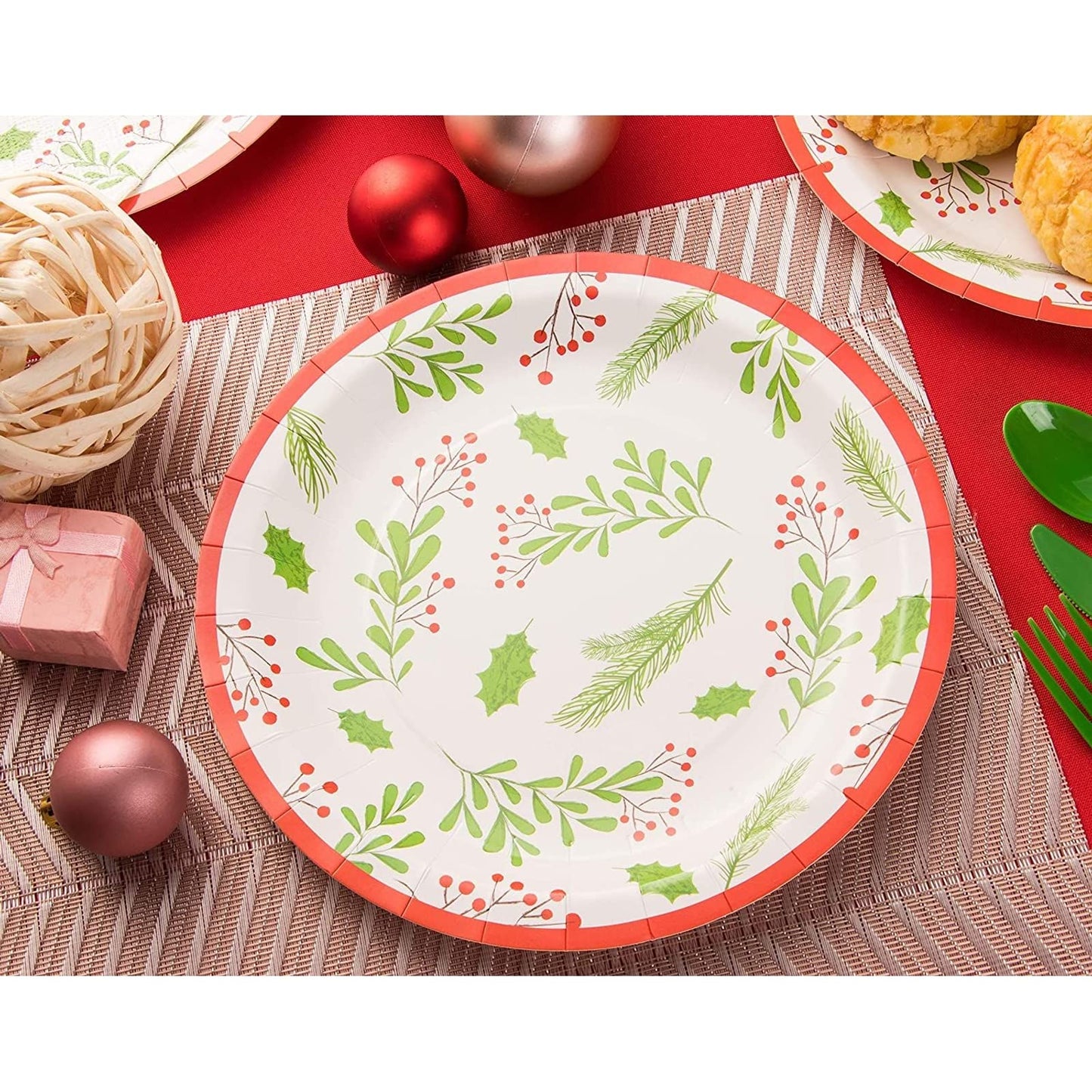 Juvale 80-Pack Holly Berries Christmas Paper Plates - 9 Inches Decorative Paper Plates, Christmas Decorations for Holiday Parties & Family Gatherings