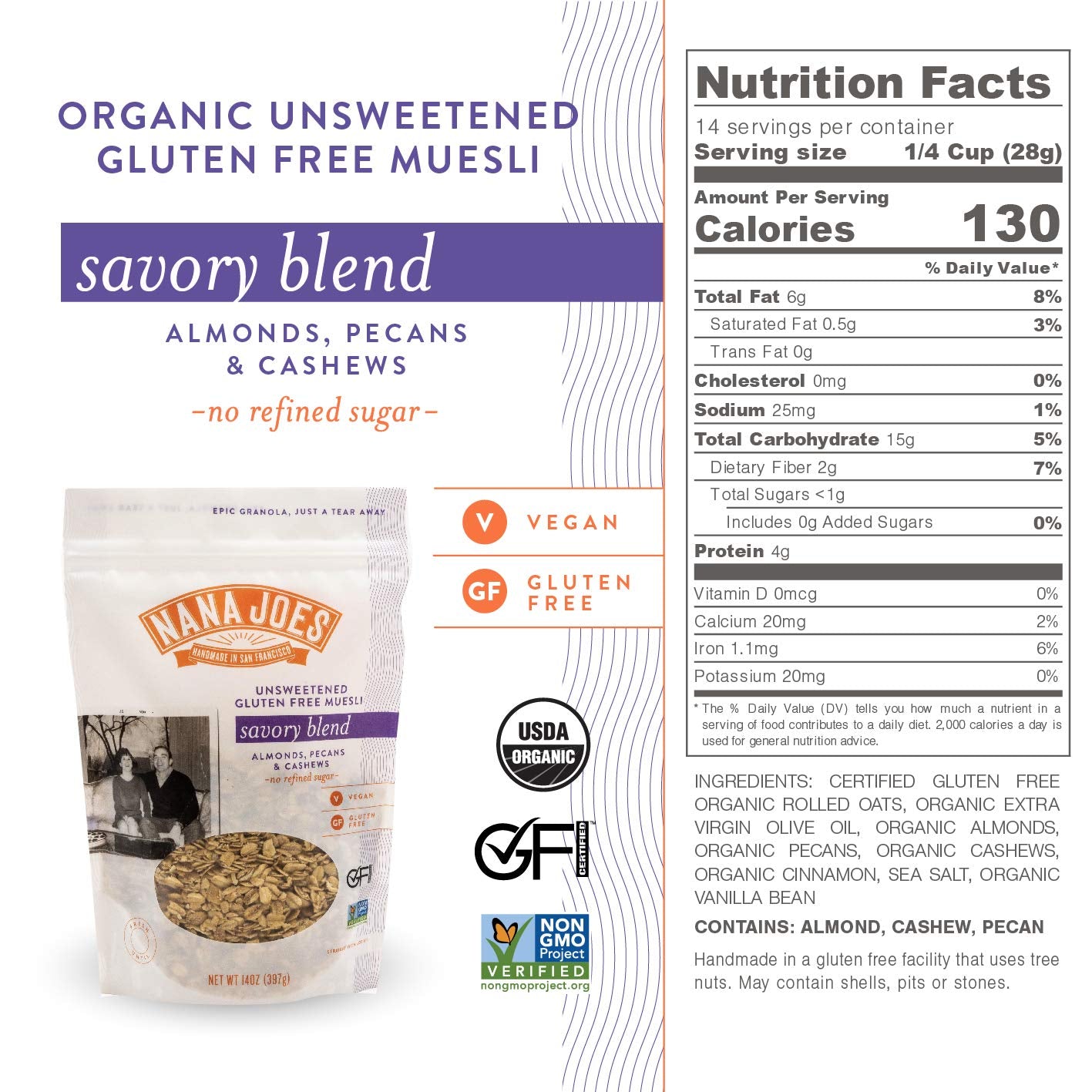 Nana Joes Granola Savory Blend | Pecan, Almond & Cashew | Handmade Gluten-Free, Vegan, Healthy, Plant-Based, Organic, No Refined Sugar or