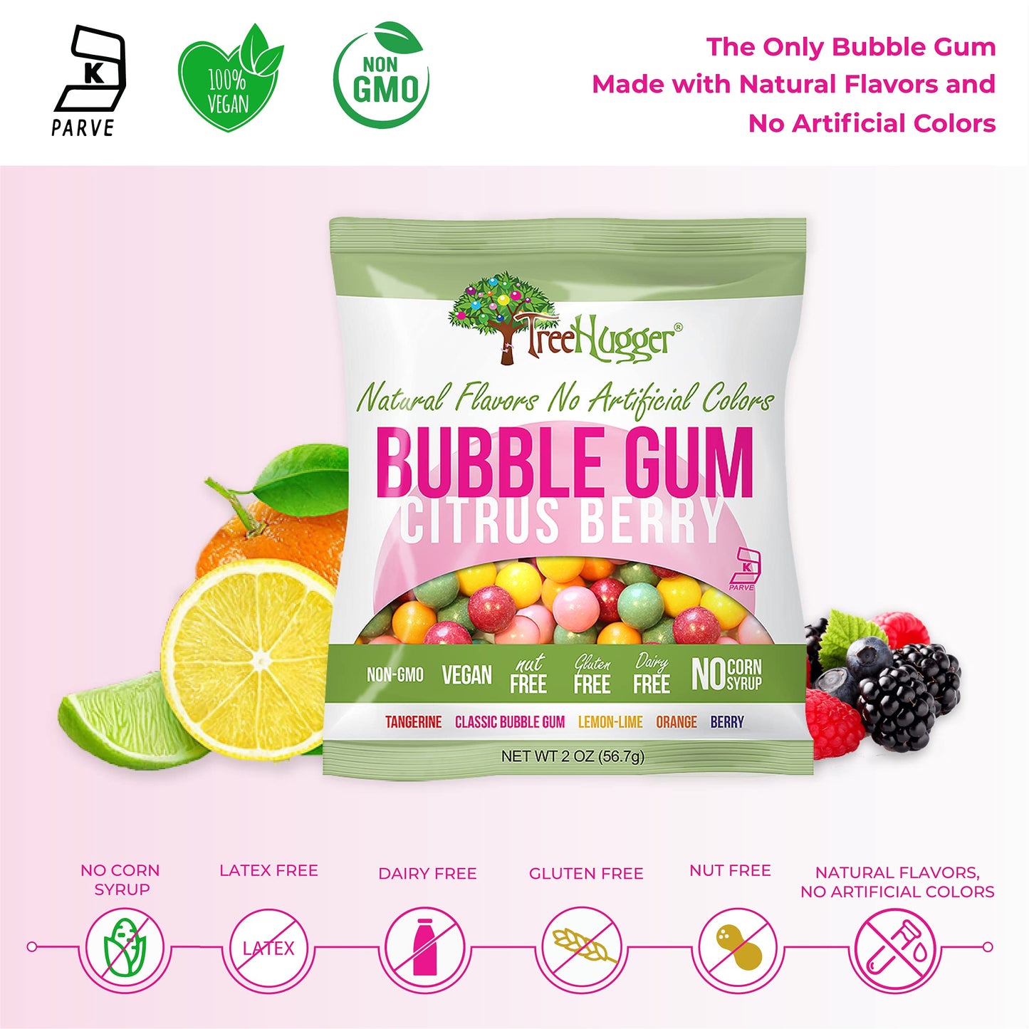 Tree Hugger Bubble Gum, Citrus Berry, Natural Flavors, No Artificial Colors, 2 Ounce (Pack of 12)