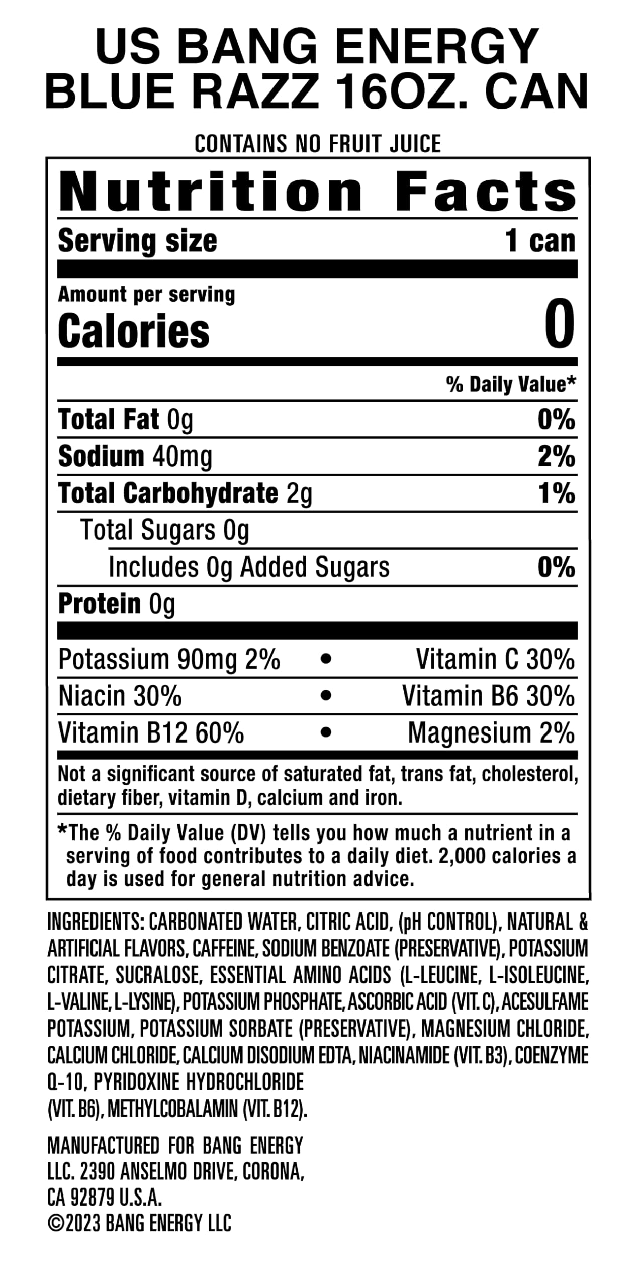 Bang Energy Blue Razz, Sugar-Free Energy Drink, 16-Ounce