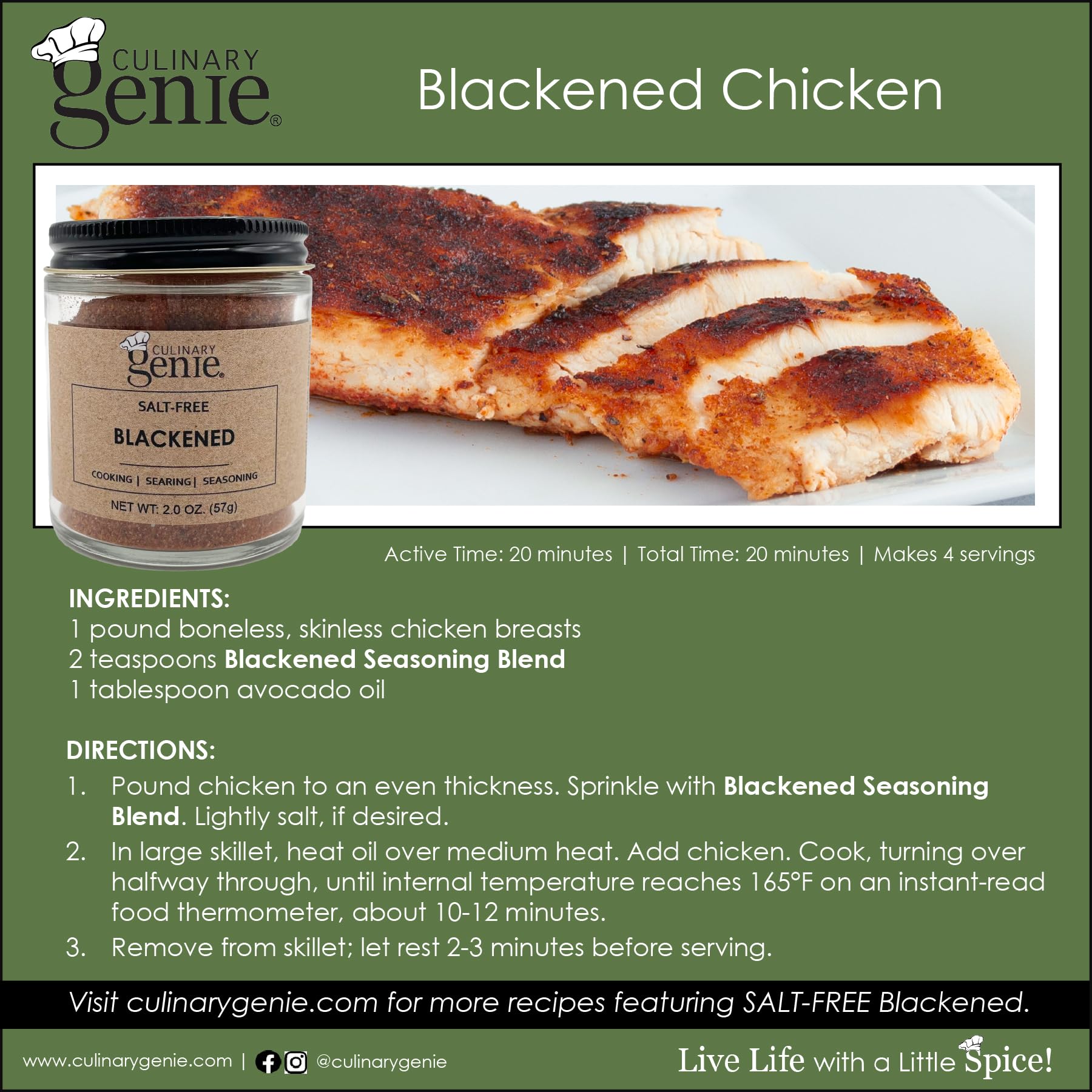 Culinary Genie Salt-Free Blackened Seasoning Blend - Bold Cajun-Style Spice Blend, No Salt Added
