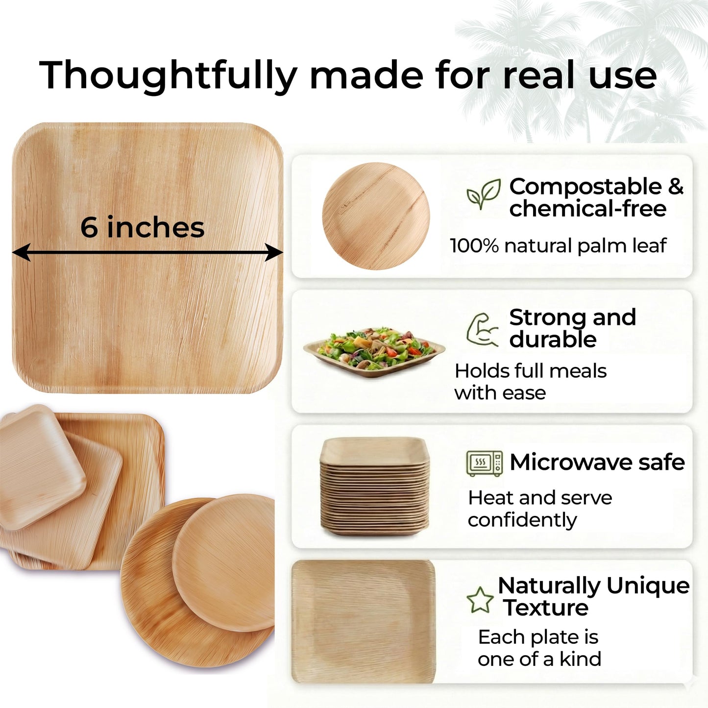 Indie Palm 6 Inch Square Disposable Palm Leaf Plates - Heavy Duty, Biodegradable Compostable Alternative to Bamboo Plates or Paper Plates - Parties