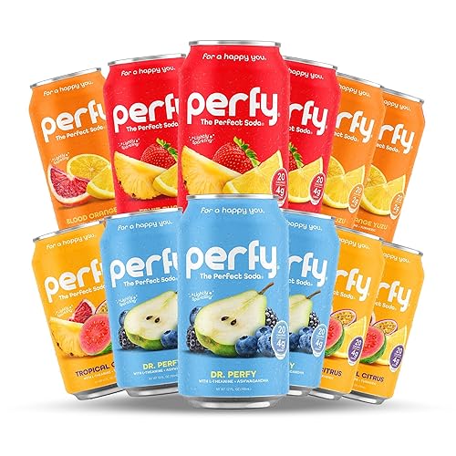 PERFY Nootropic Calm Soft Soda Drink Variety Pack | 4 Flavors: Dr. Perfy, Blood Orange Yuzu, Tropical Citrus, Fruit Punch (12oz Cans) | L-Theanine +