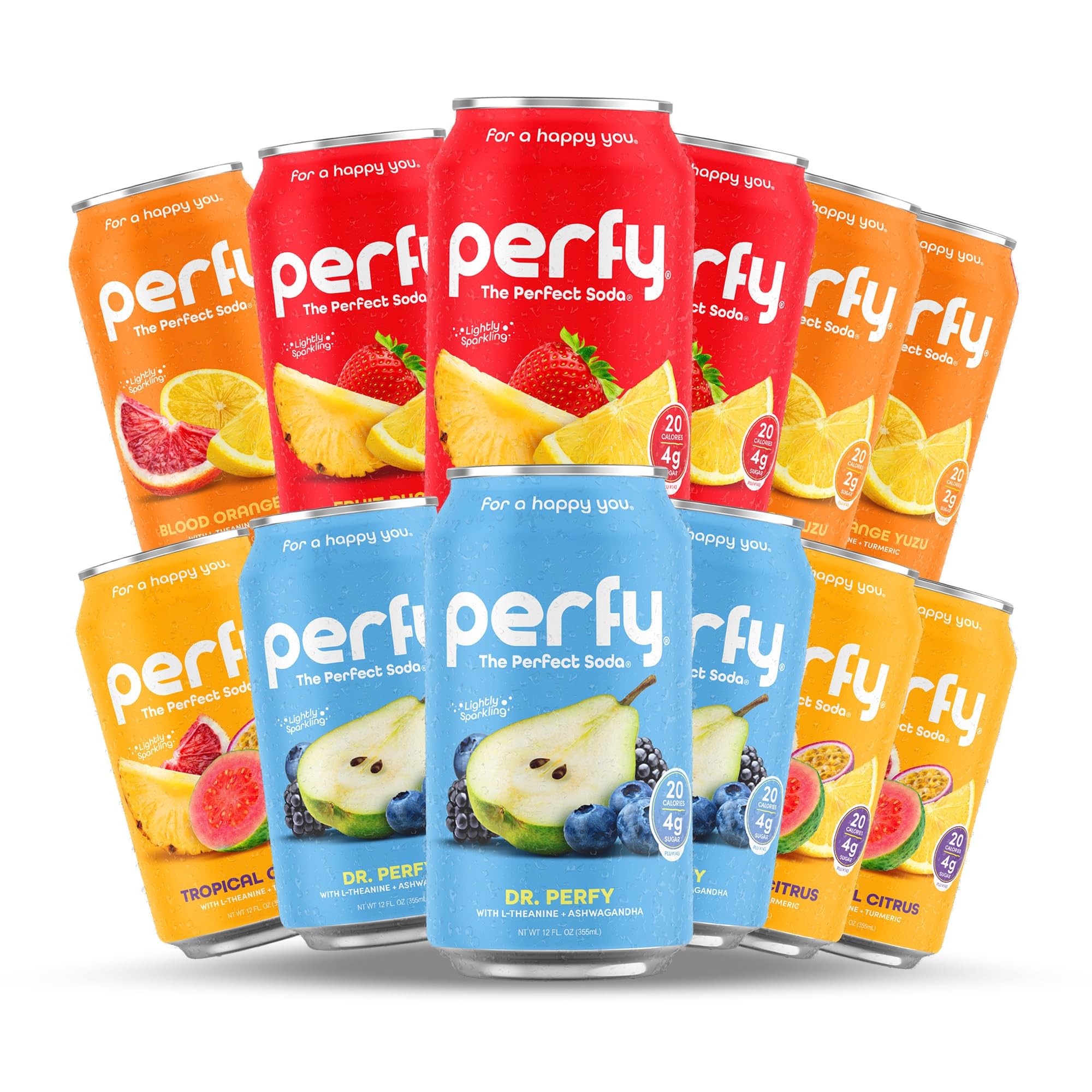 PERFY Nootropic Calm Soft Soda Drink Variety Pack | 4 Flavors: Dr. Perfy, Blood Orange Yuzu, Tropical Citrus, Fruit Punch (12oz Cans) | L-Theanine +