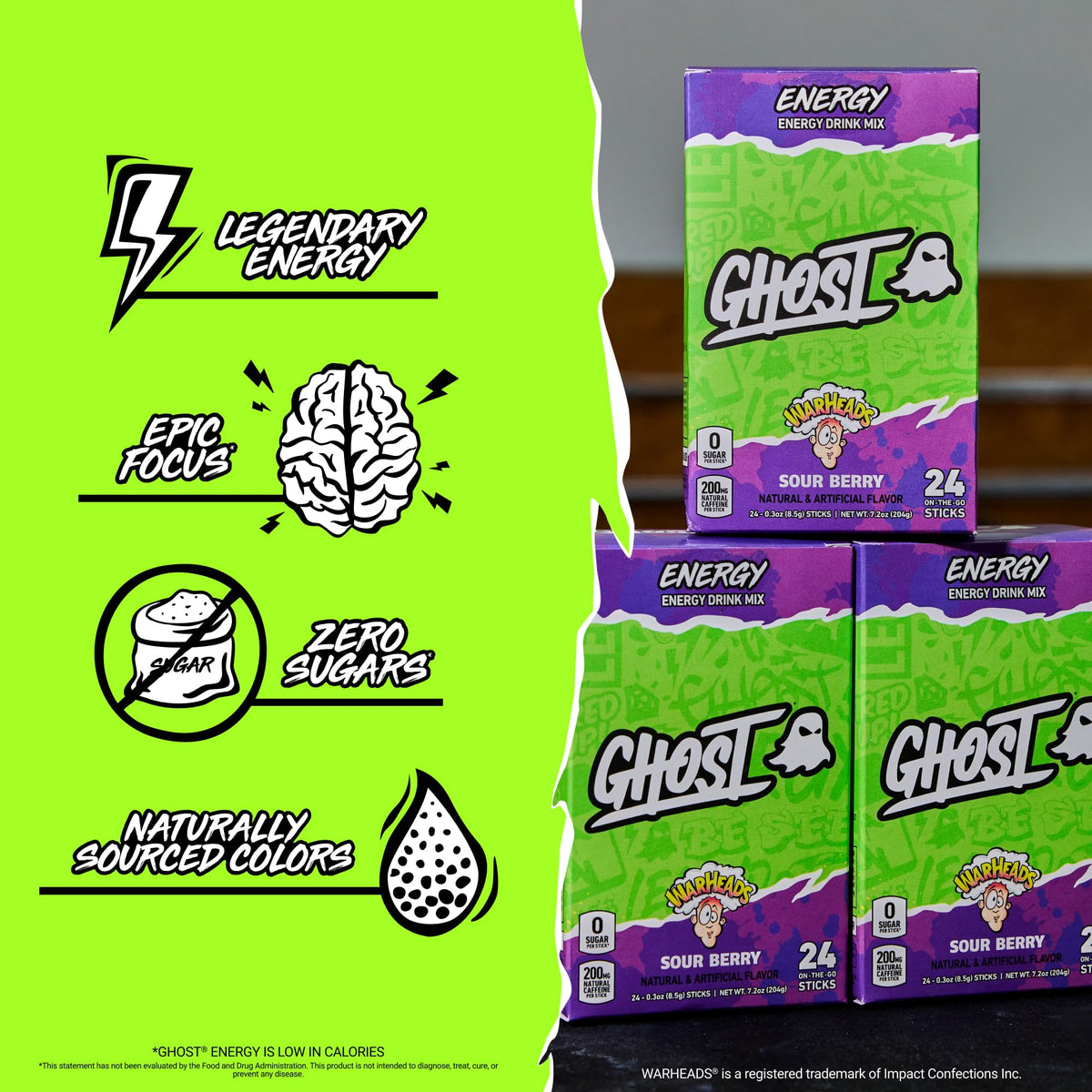 GHOST Sugar-Free Energy Drink Packets, Warheads Sour Berry, 24 To Go Sticks