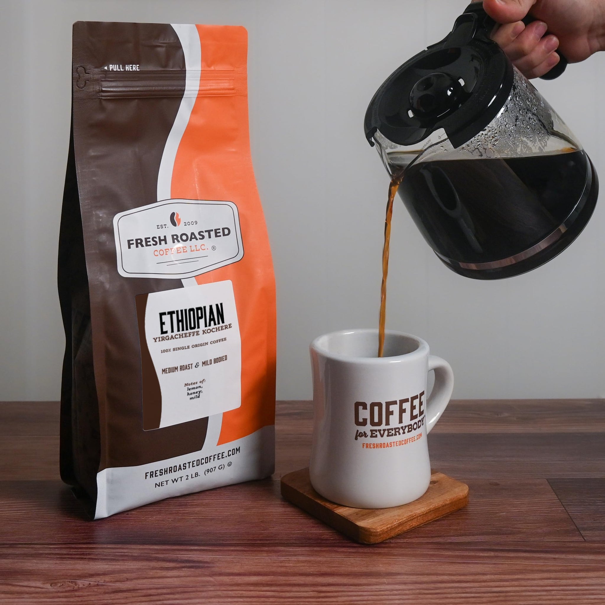 Fresh Roasted Coffee, Ethiopian Yirgacheffe Kochere, 2 lb (32 oz), Medium Roast, Kosher, Ground