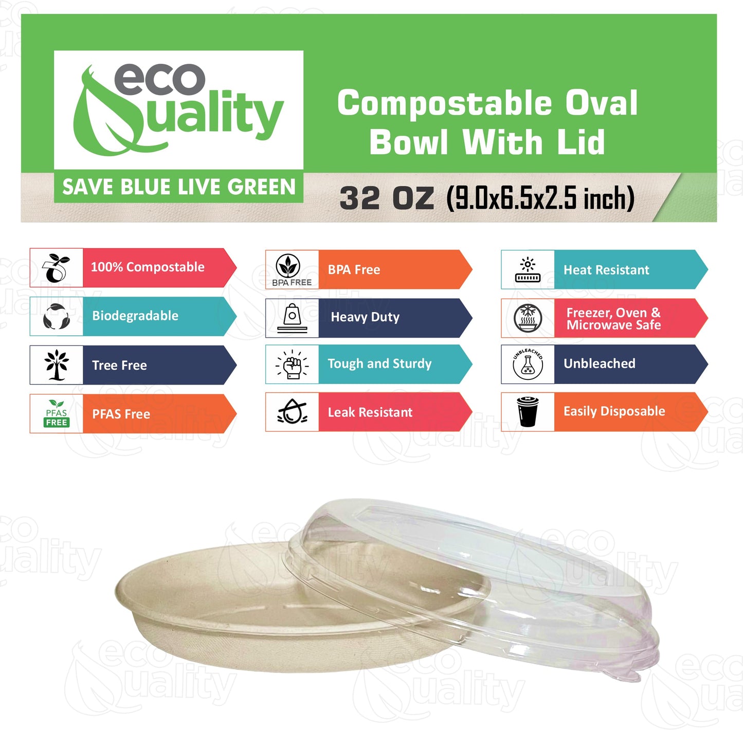 32 oz Disposable Compostable Fiber Oval Burrito Bowls with Dome Lids Heavy-Duty, Eco-Friendly Natural Bagasse Unbleached, Heat Resistant