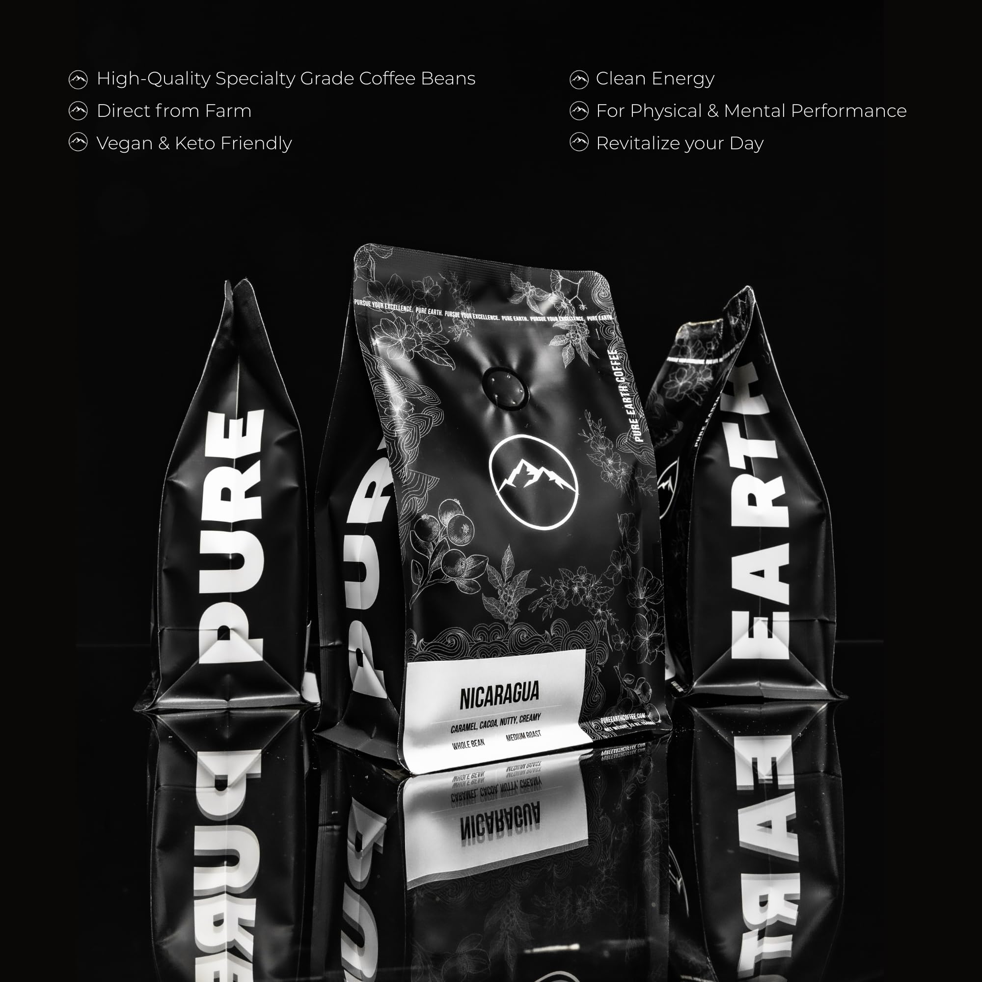 PURE EARTH COFFEE CO. Whole Bean Coffee, Nicaragua Single-Origin Beans, Medium Roast, Low Acid Gourmet Specialty Grade Coffee, Caramel, Chocolate