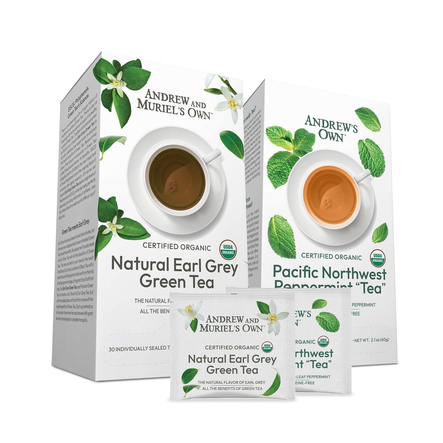 ANDREW LESSMAN Tea - Variety Pack - Earl Grey Green Tea + Peppermint Tea 30 Sachets Each - Certified Organic. Refreshing, Soothing. Rich in Healthy