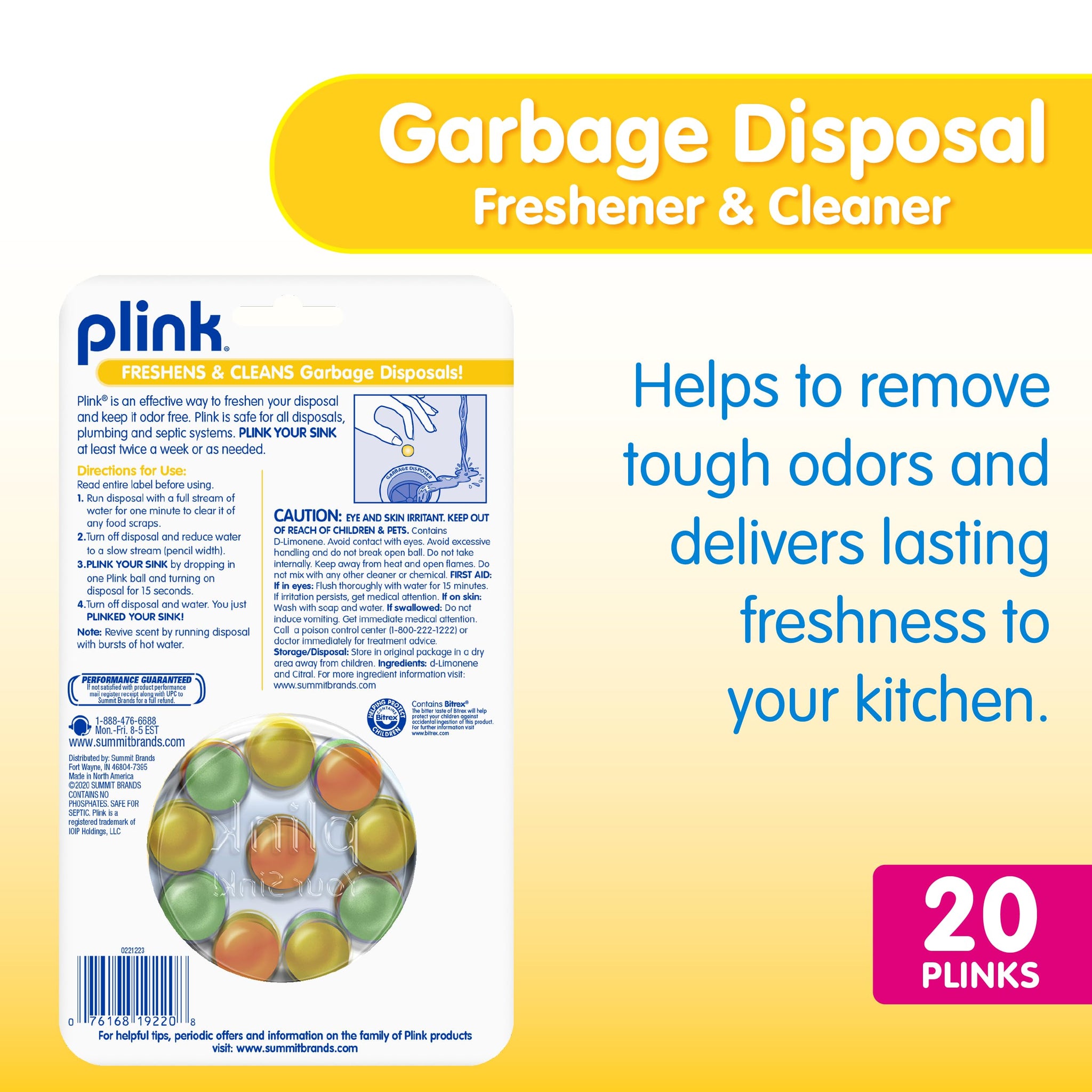 Plink Garbage Disposer Freshener and Cleaner, Sink Disposal Odor Eliminator, Quick and Easy-to-Use Capsules, Septic-Friendly, Citrus Scents, 20 Count