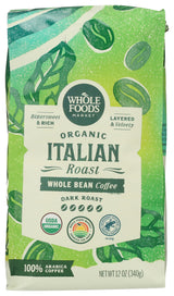 Whole Foods Market, Organic Whole Bean Coffee, Dark Italian Roast, Bittersweet, Rich & Velvety, 12 Ounce
